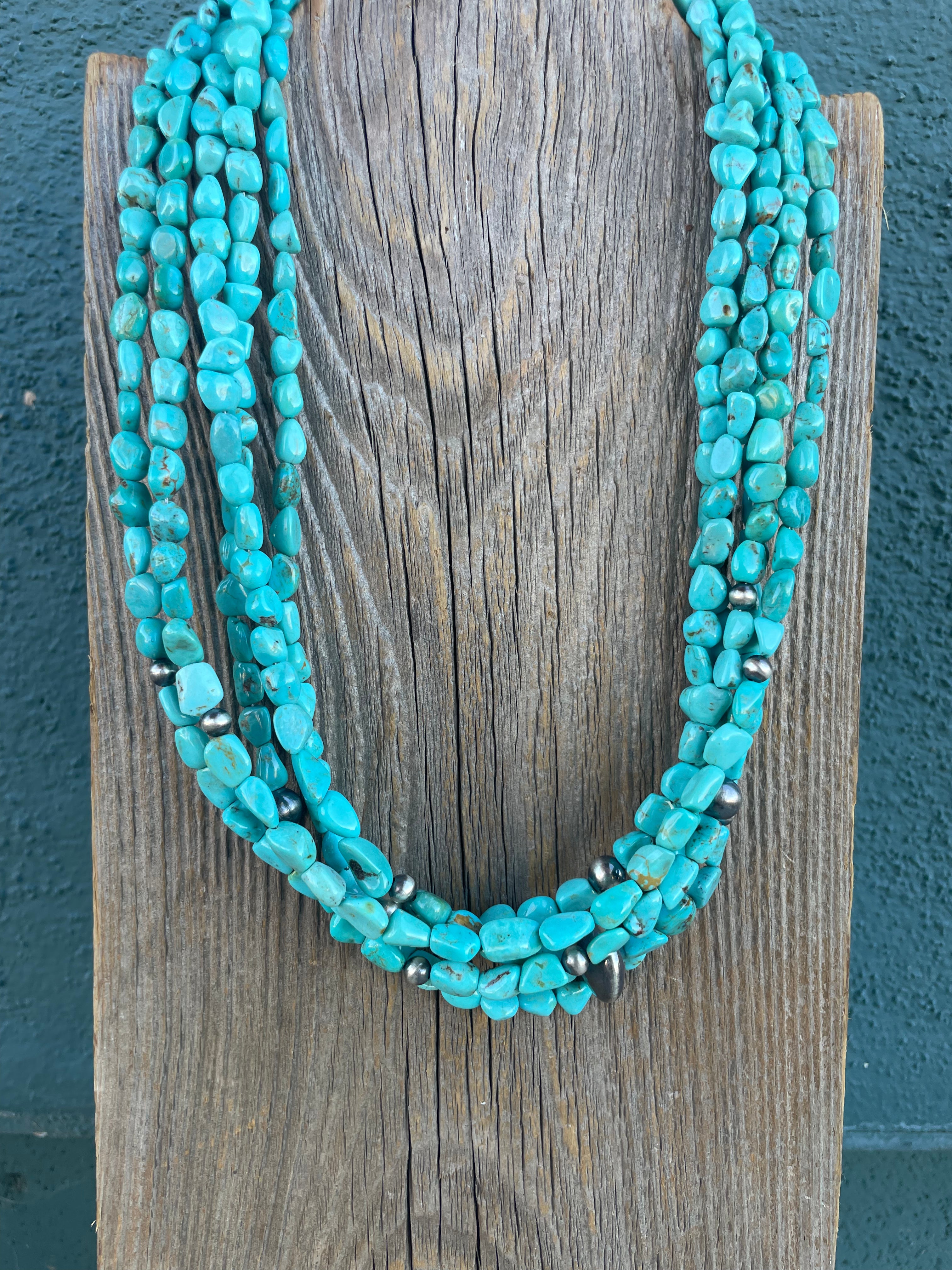 Navajo Turquoise & Sterling Silver 5 Strand Beaded Necklace