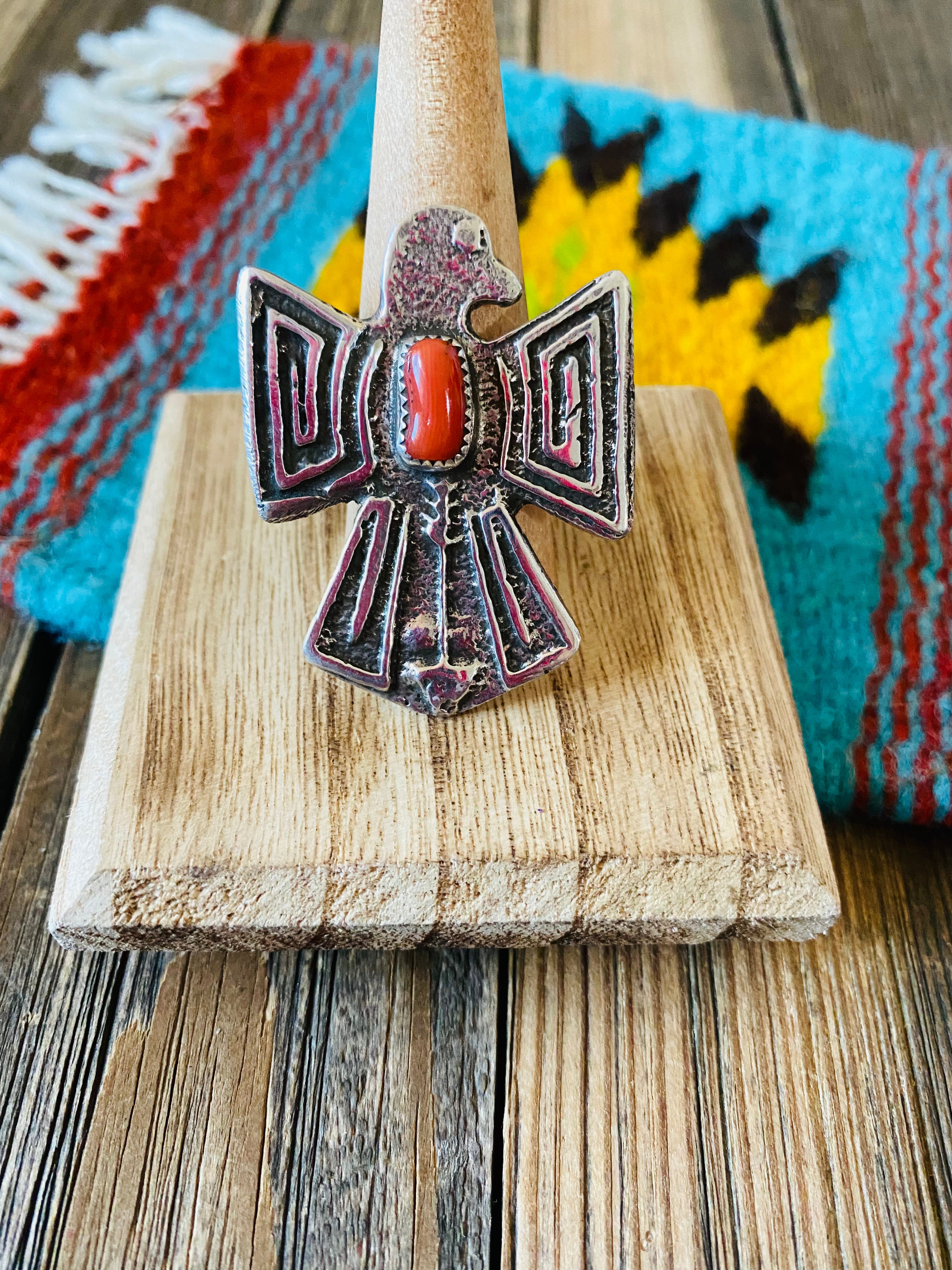 Navajo Sterling Silver & Coral Thunderbird Ring