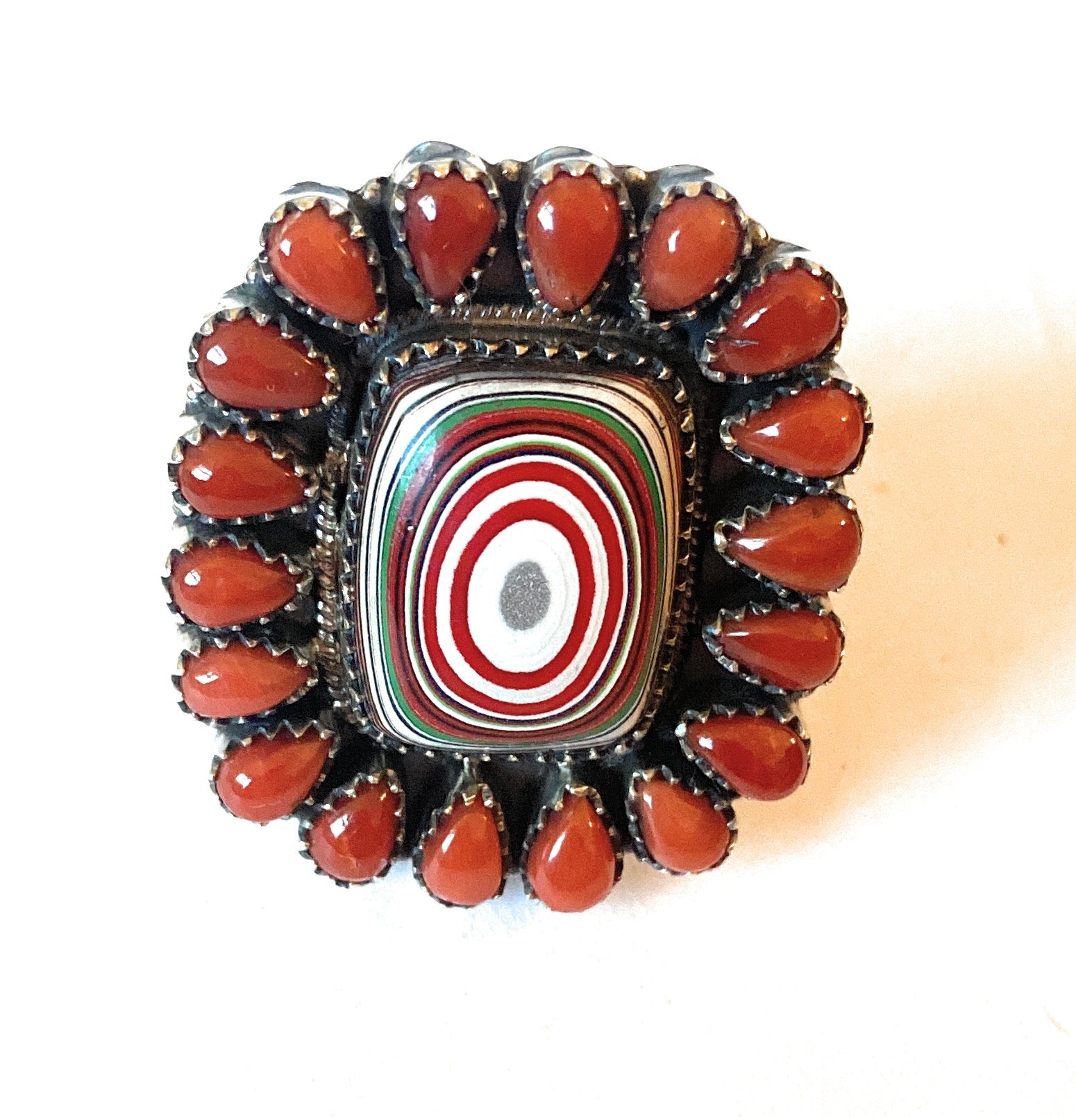 Handmade Sterling Silver, Fordite & Coral Cluster Adjustable Ring