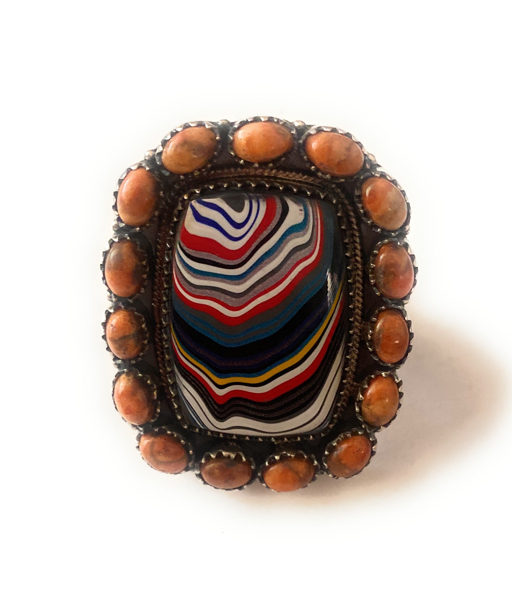 Handmade Sterling Silver, Fordite & Orange Mohave Cluster Adjustable Ring