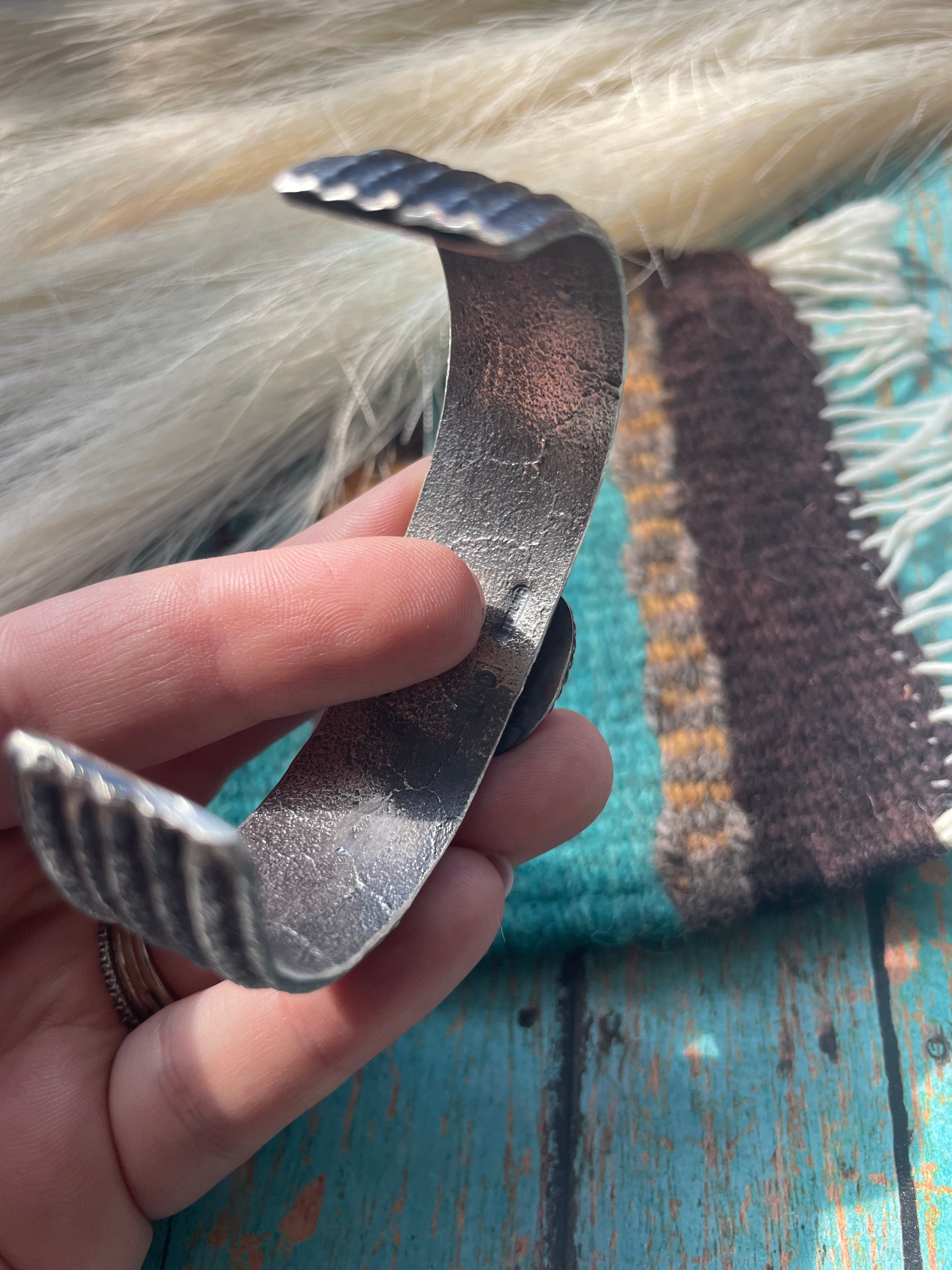 Navajo Golden Hills & Sterling Silver Tufa Cast Cuff Bracelet Signed