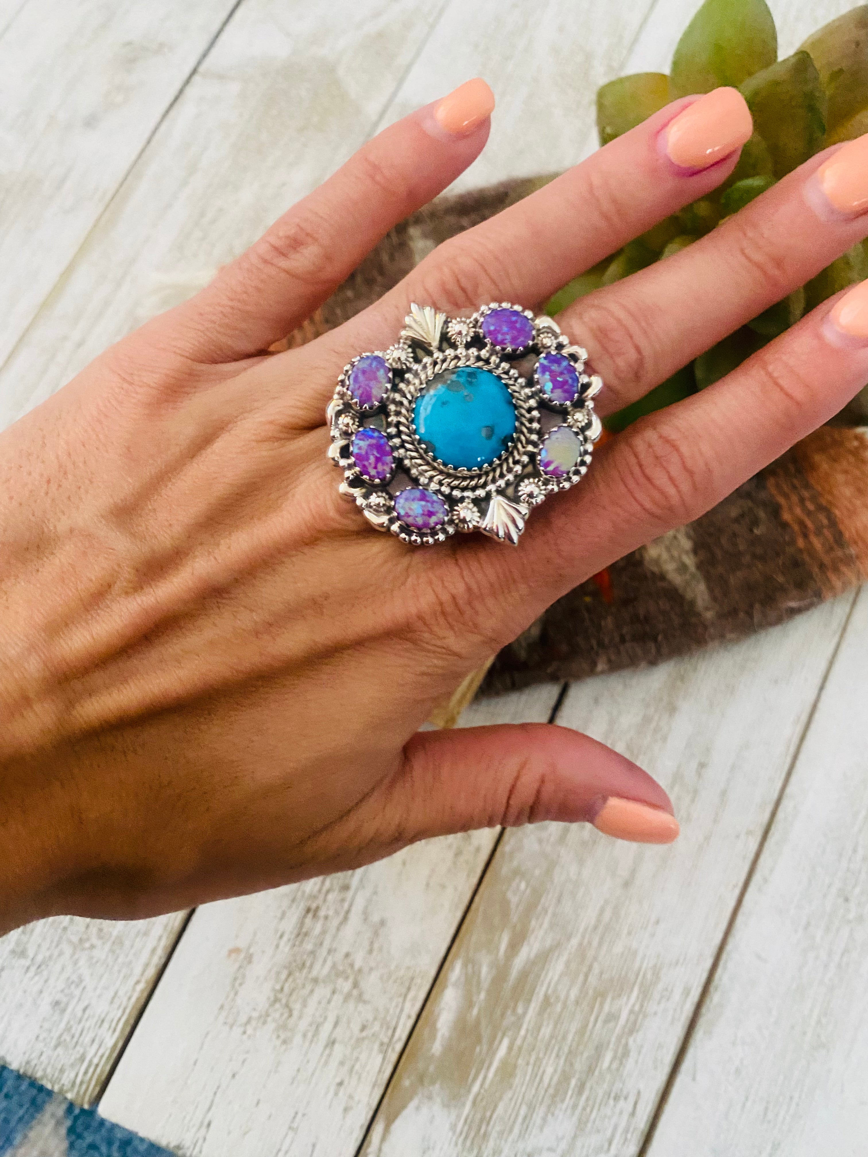 Handmade Sterling Silver, Turquoise & Opal Cluster Adjustable Ring