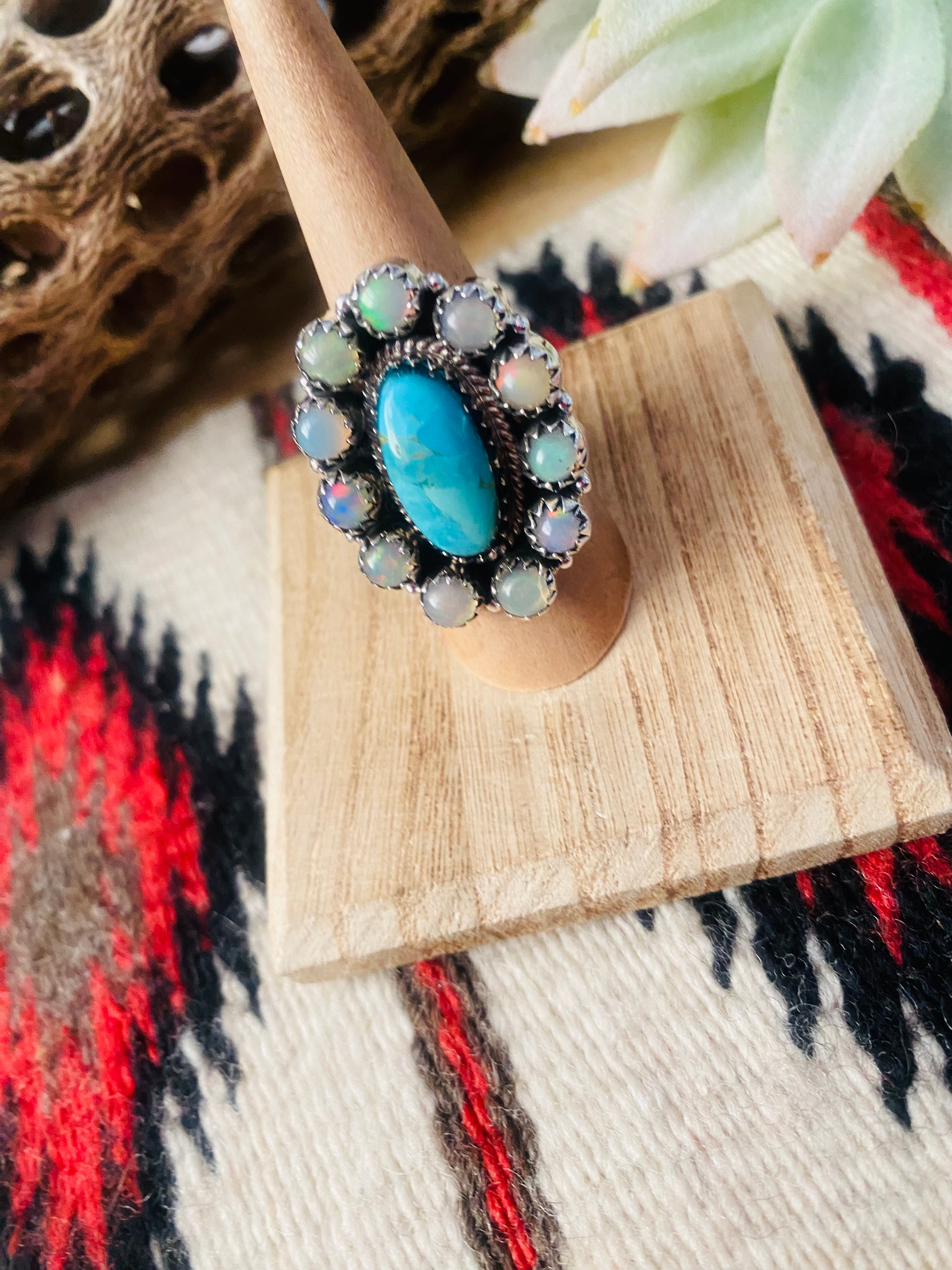 Handmade Sterling Silver, Turquoise & Opal Cluster Adjustable Ring