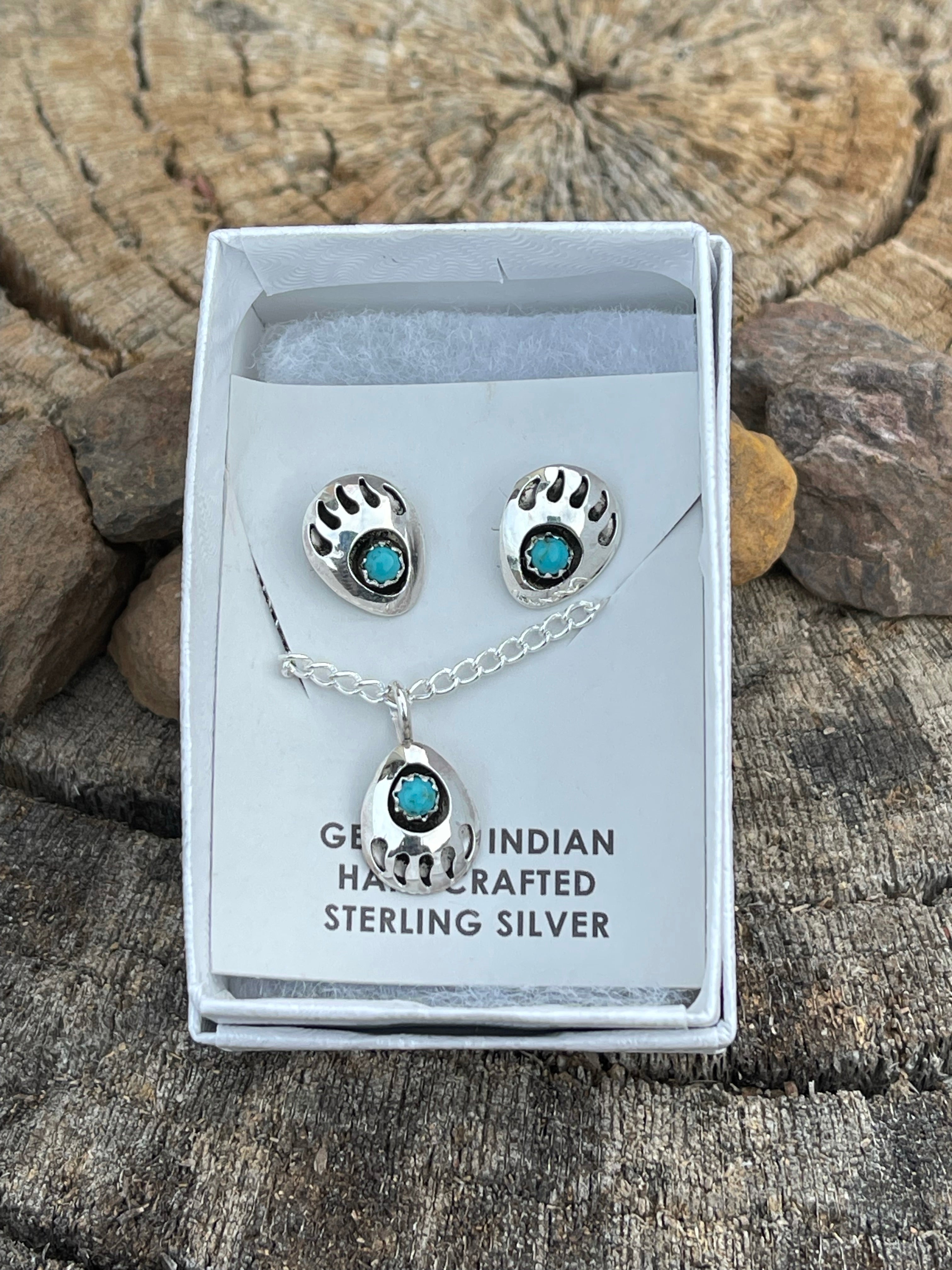 Navajo Sterling Silver Turquoise Bear Paw Set