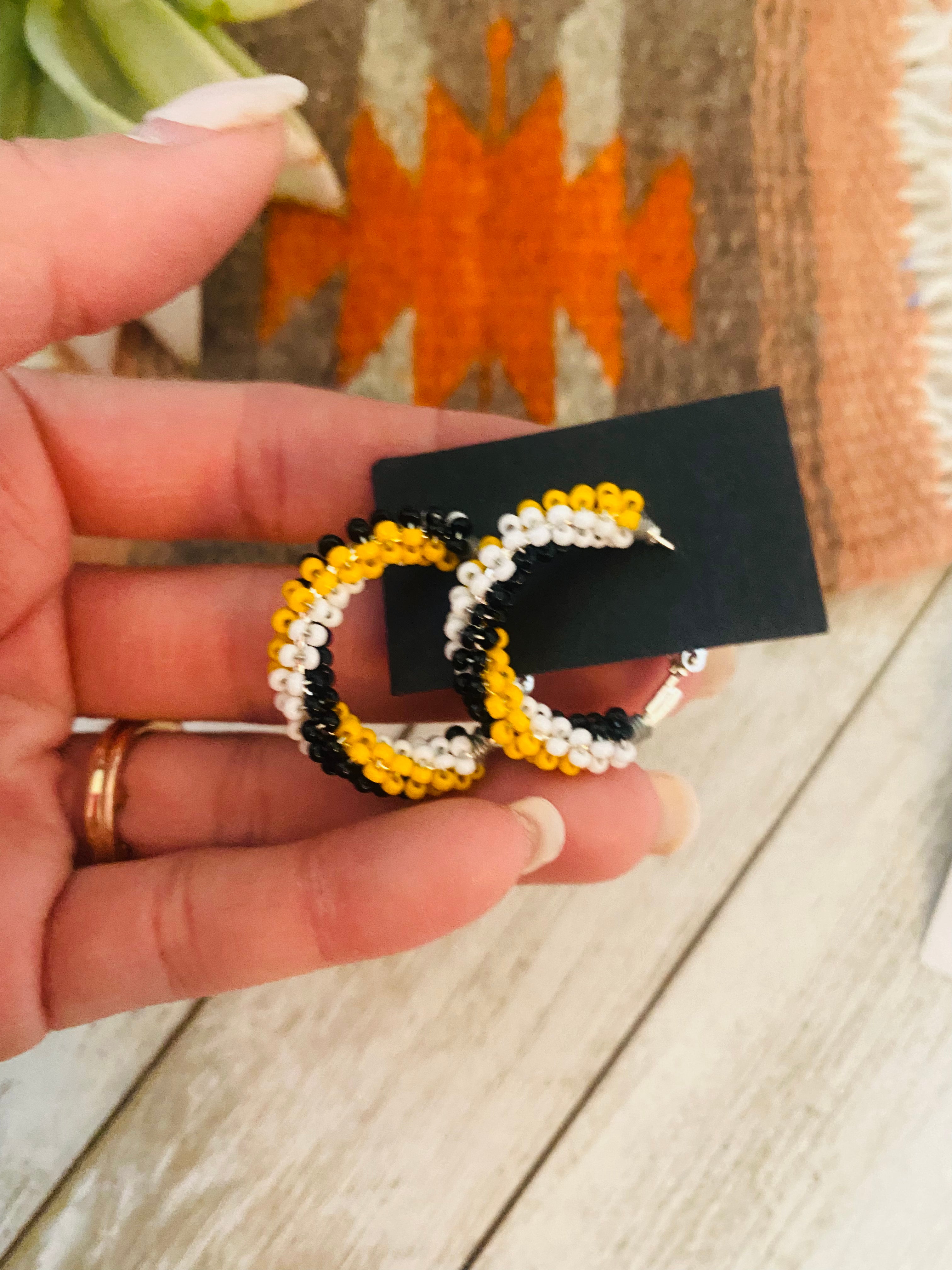 Navajo Handmade Beaded Hoop Earrings- yellow/black