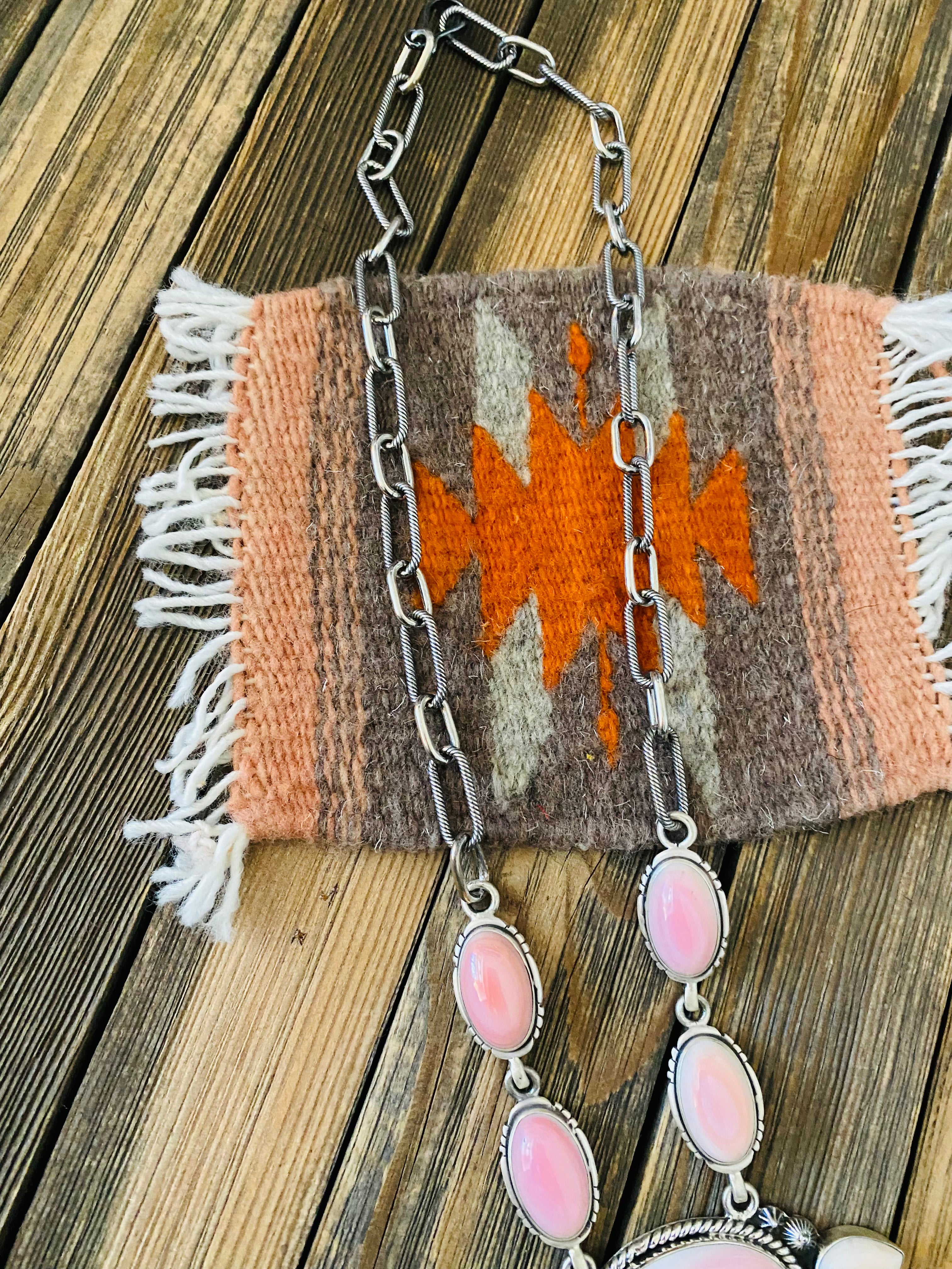 Navajo Queen Pink Conch Shell And Sterling Silver Cluster Necklace