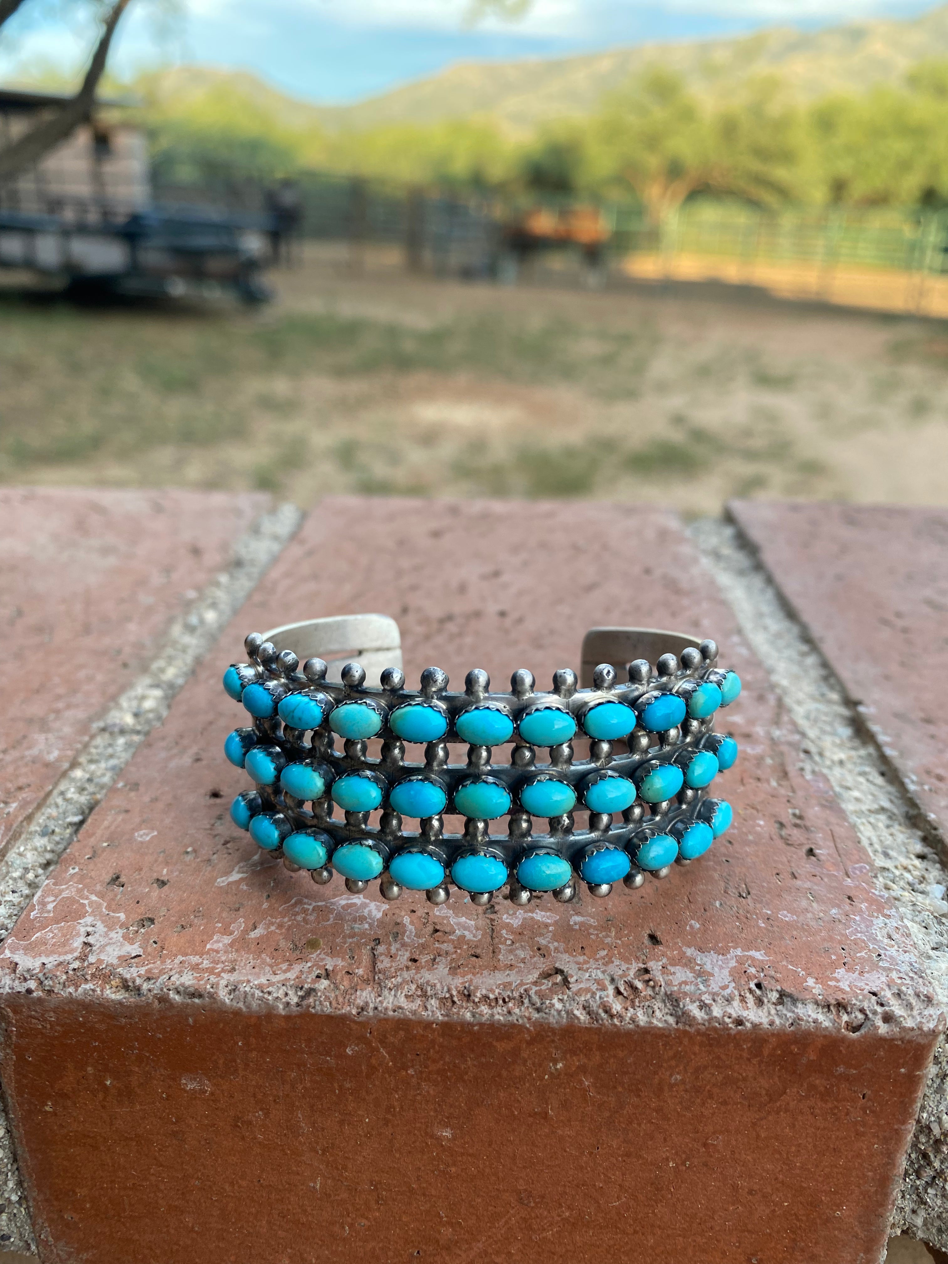 Paul Livingston Sterling Silver Snake Eye Carico Lake Turquoise 3 Row Cuff /