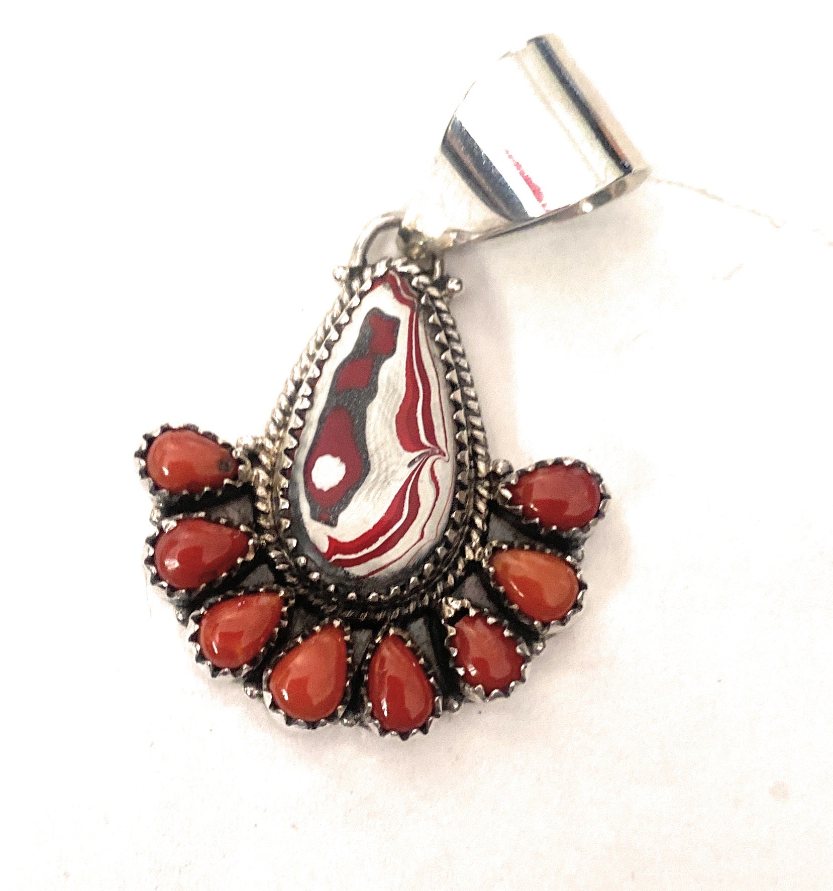 Handmade Sterling Silver, Fordite & Coral Cluster Pendant