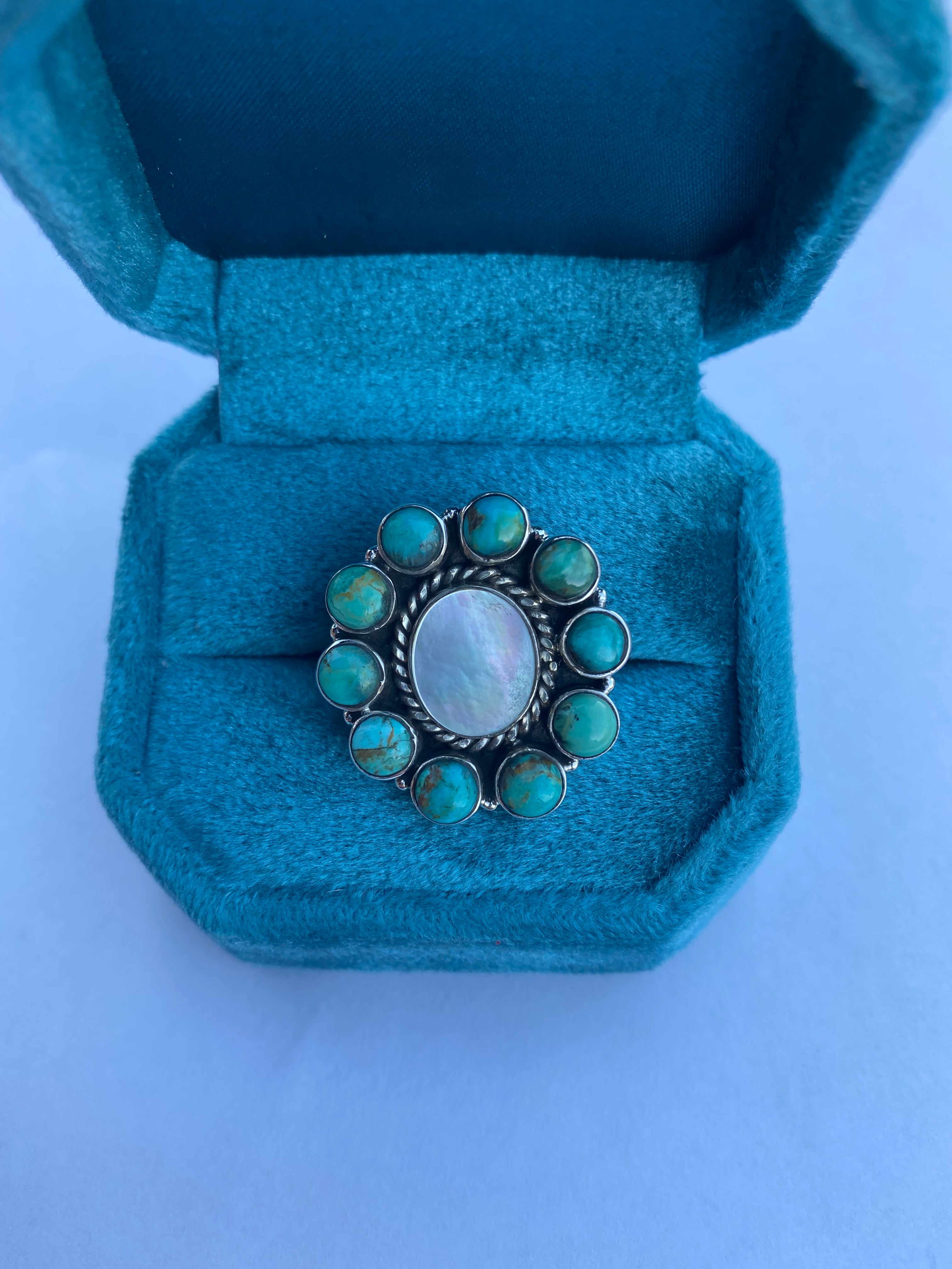 Handmade Sterling Silver Mother of Pearl & Kingman Turquoise Cluster Adjustable Ring