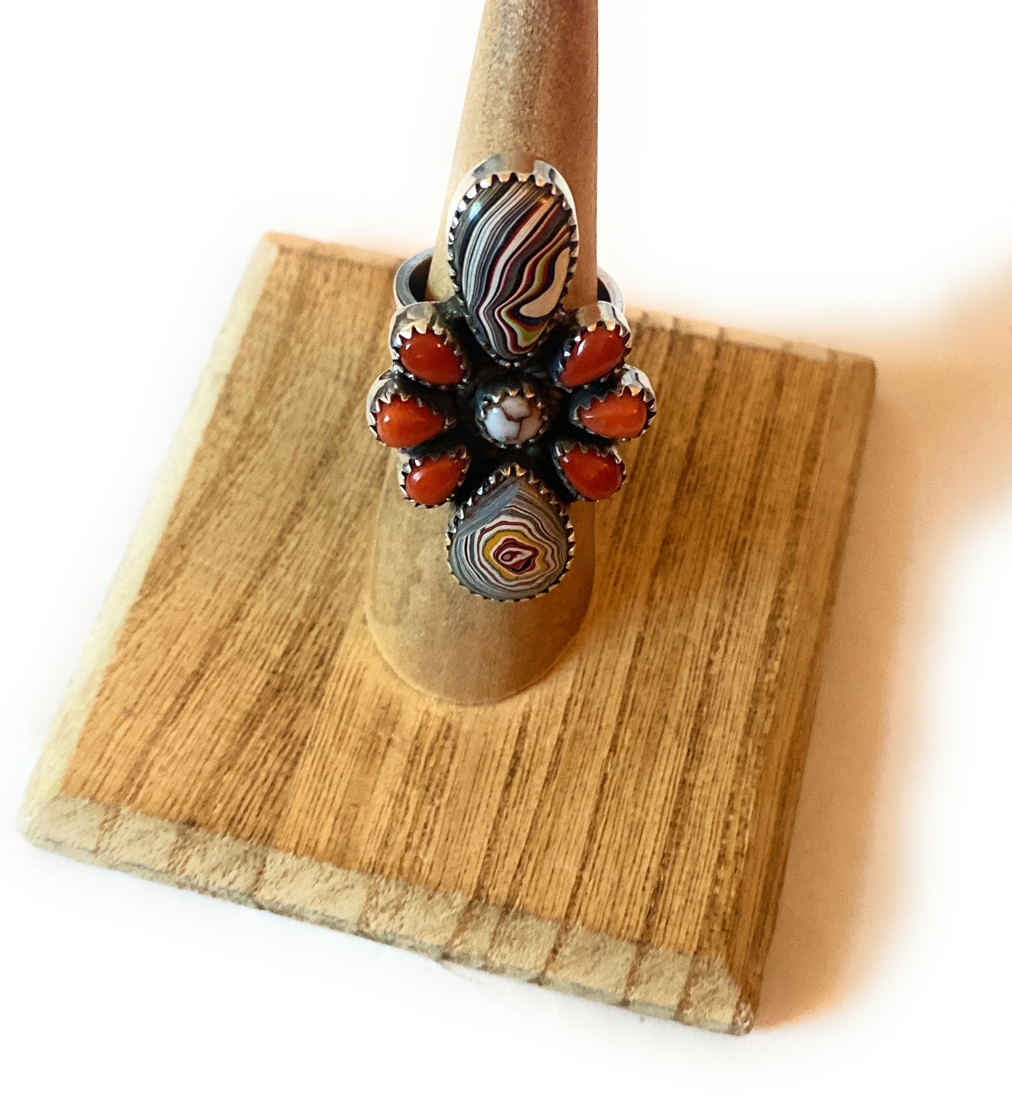 Handmade Sterling Silver, Fordite & Coral Cluster Adjustable Ring