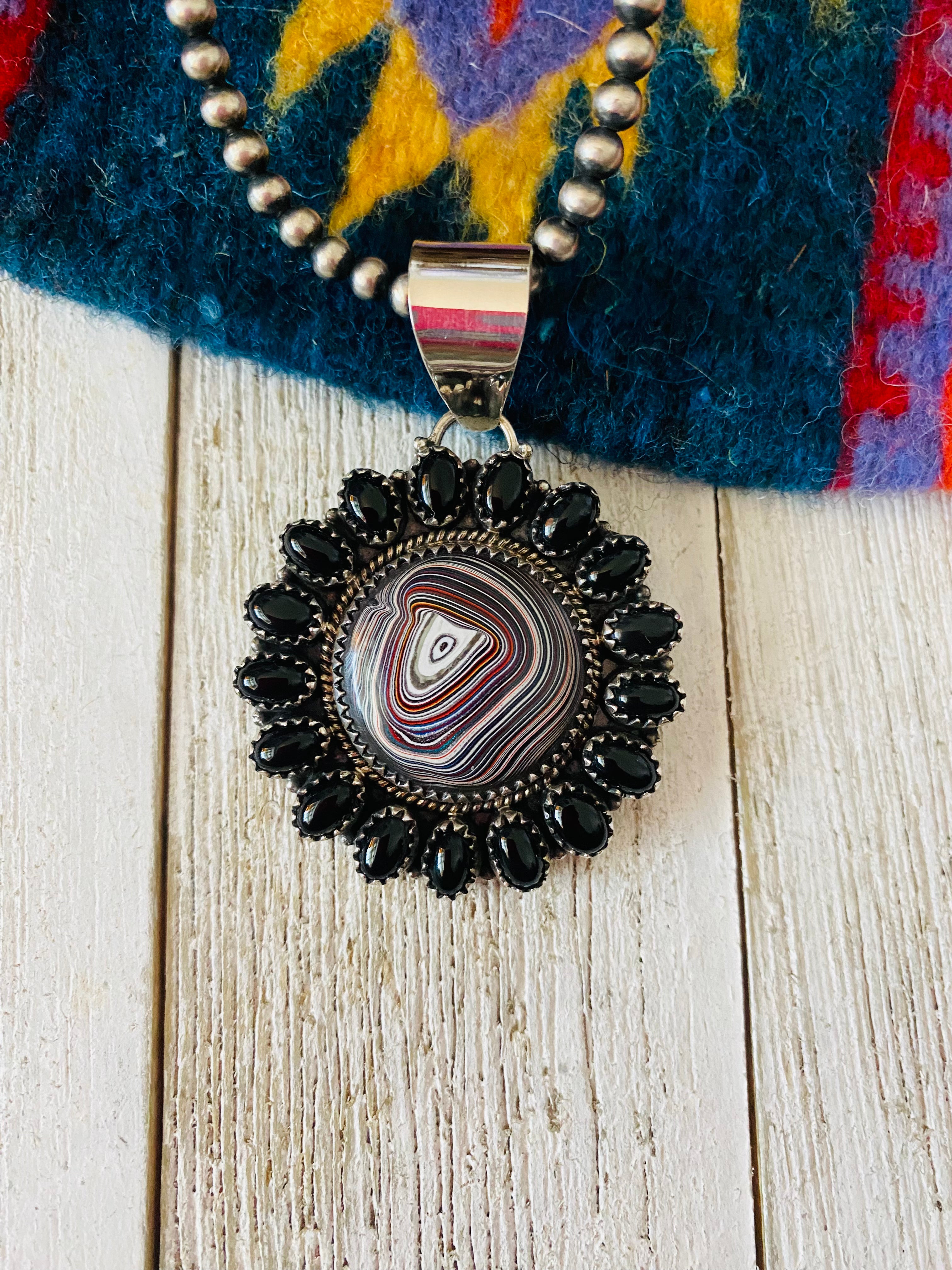 Handmade Sterling Silver, Fordite & Onyx Cluster Pendant