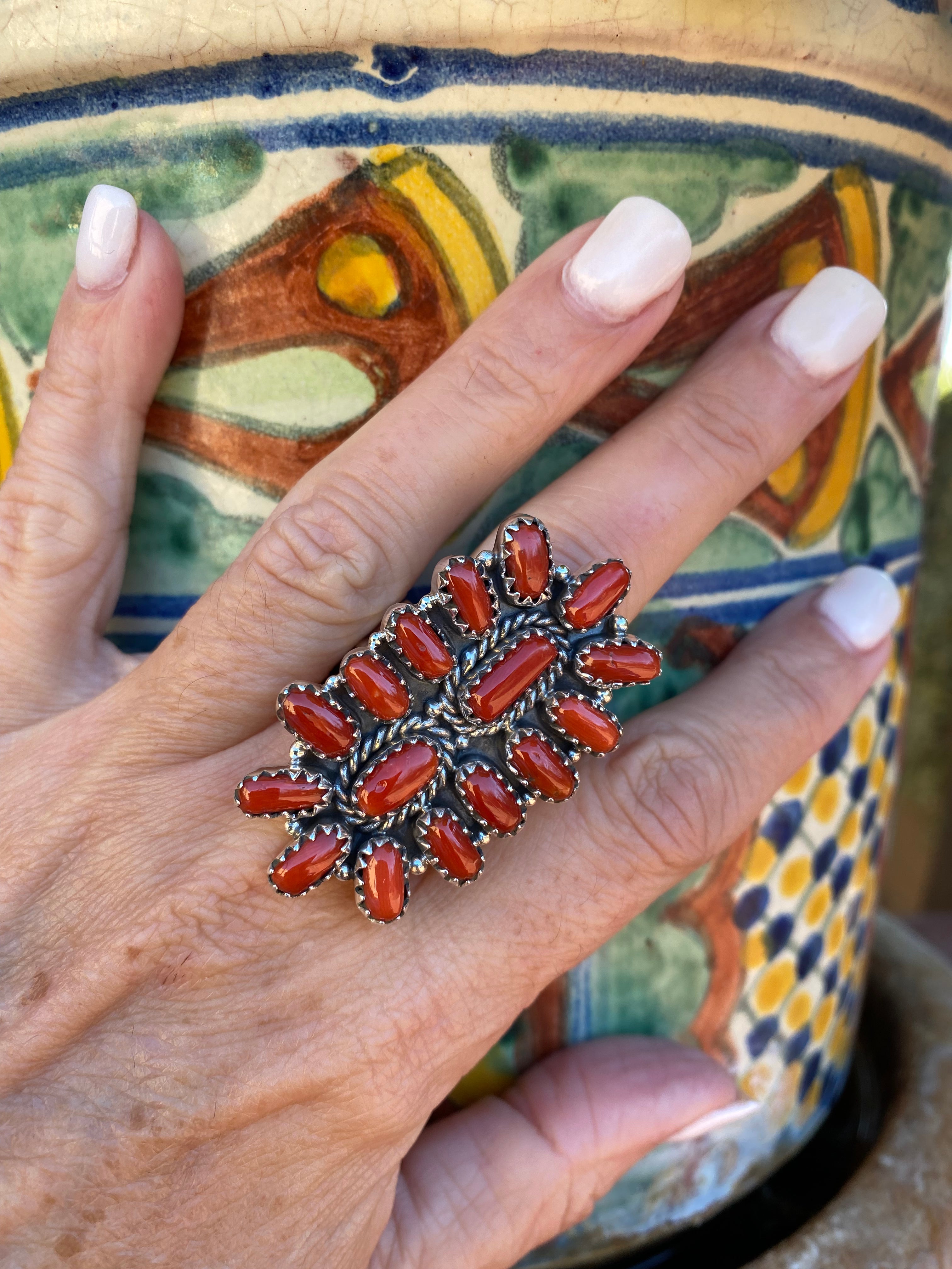 Handmade Sterling Silver And Coral Adjustable Cluster Ring