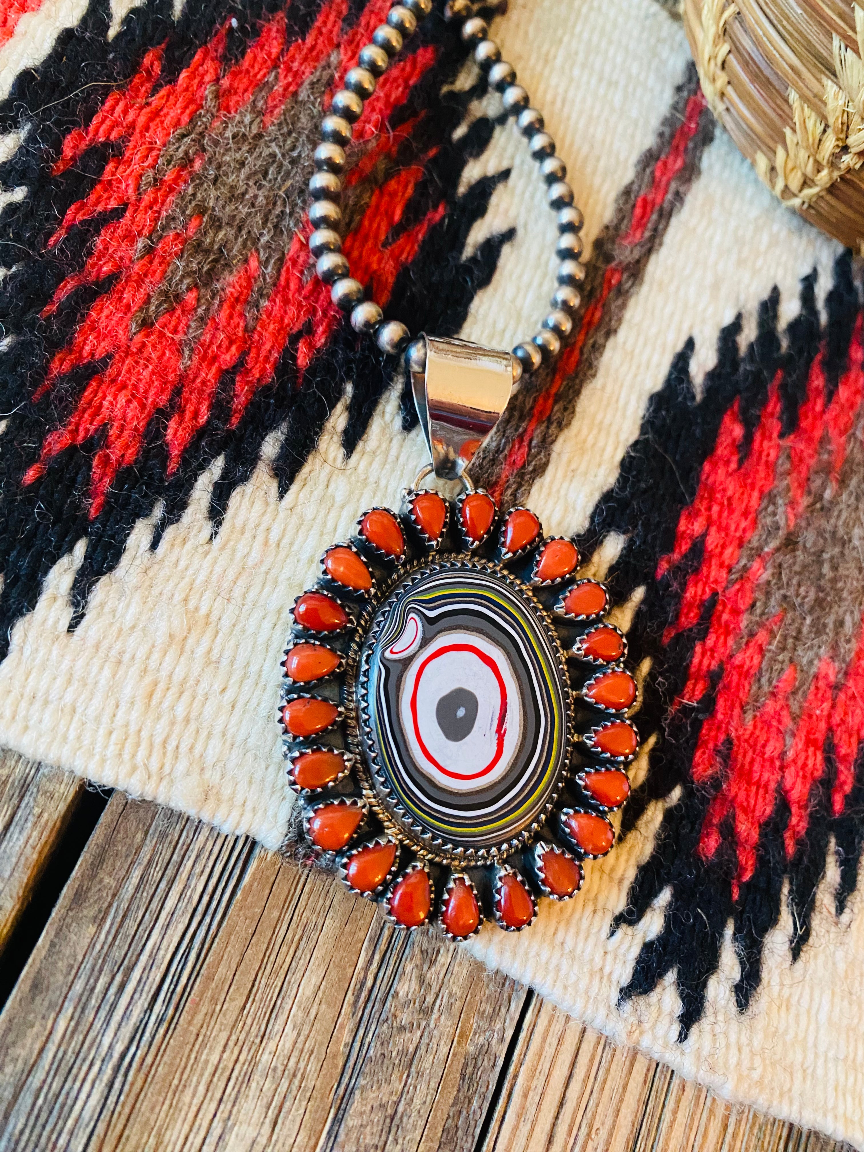 Handmade Sterling Silver, Fordite & Coral Cluster Pendant