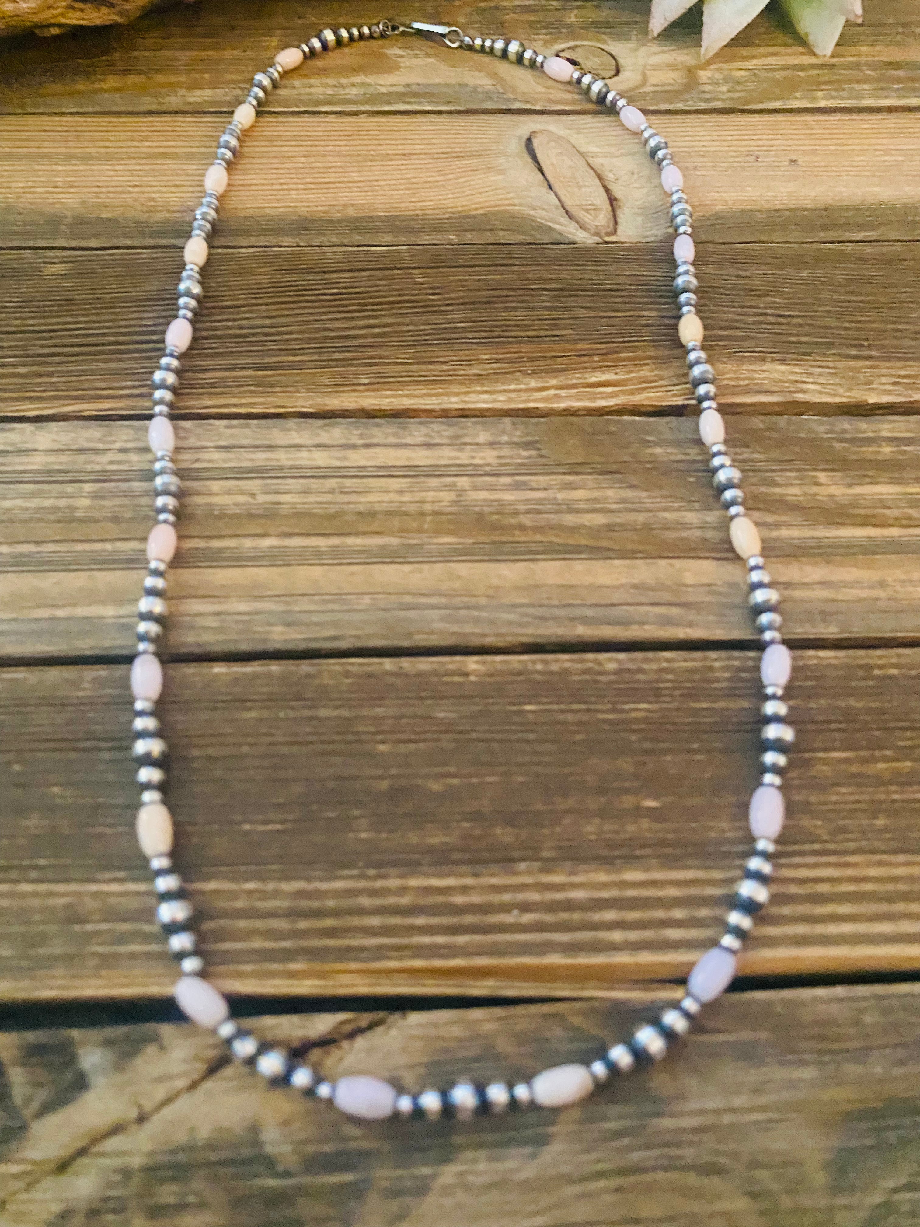 Sterling Silver Navajo Pearl & Pink Opal Beaded Necklace 24 inch