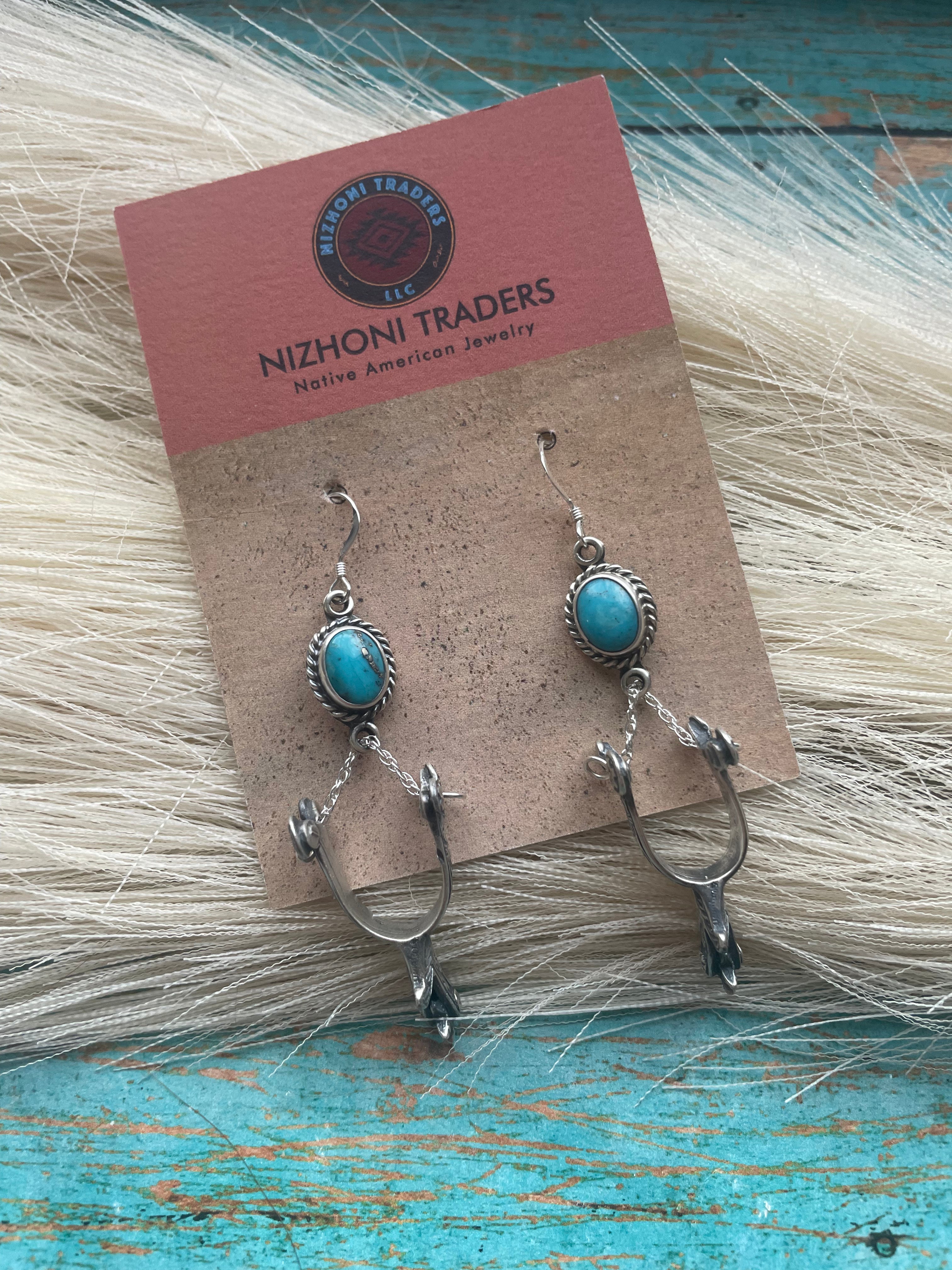 Navajo Sterling Silver And Turquoise Dangle Spur Earrings