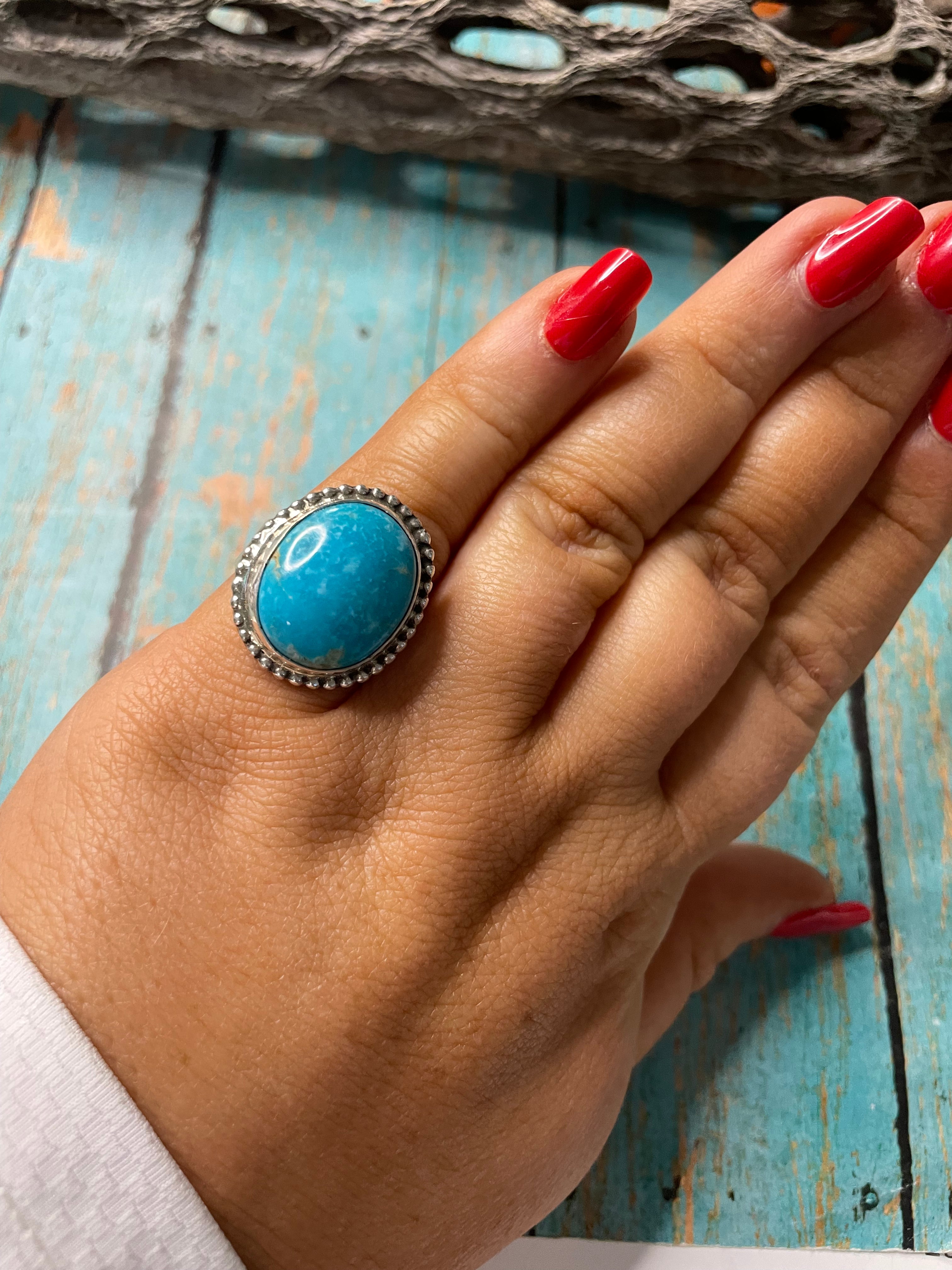 Old Pawn Navajo Sterling Silver & Light Blue Larimer Ring Size 7