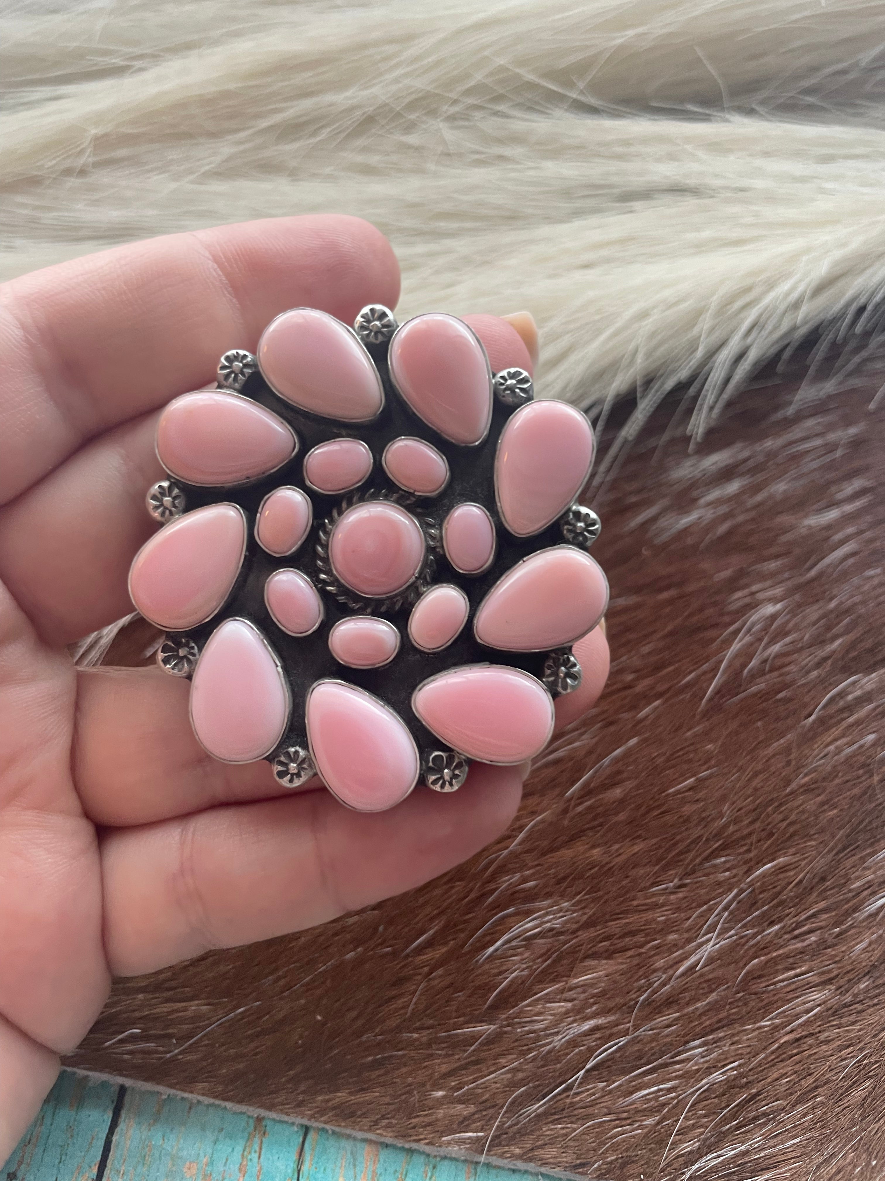 Navajo Sterling and Queen Pink Conch Shell Adjustable Statement Ring Signed C Yazzie