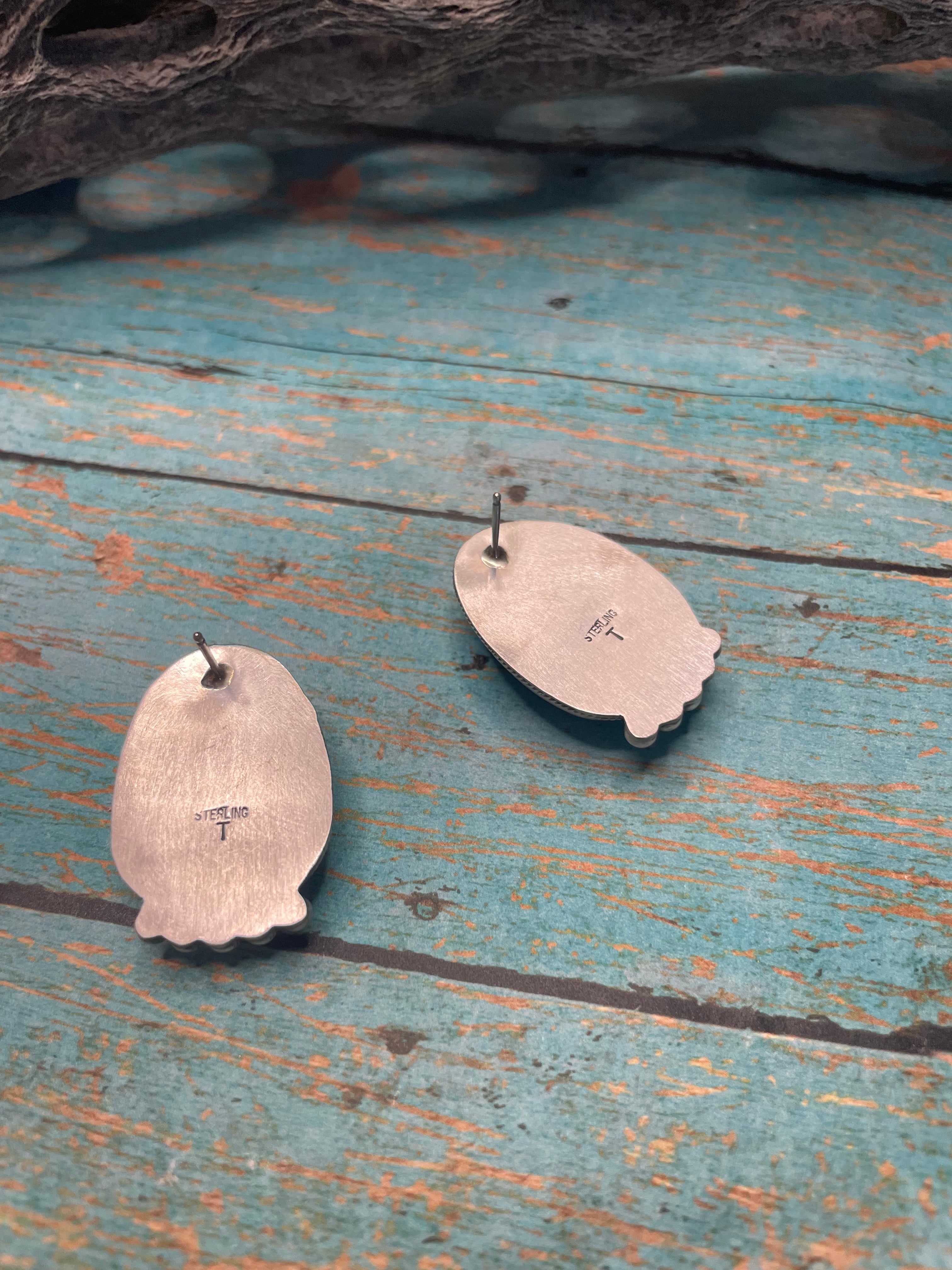 Navajo Turquoise And Sterling Silver Post Earrings Signed