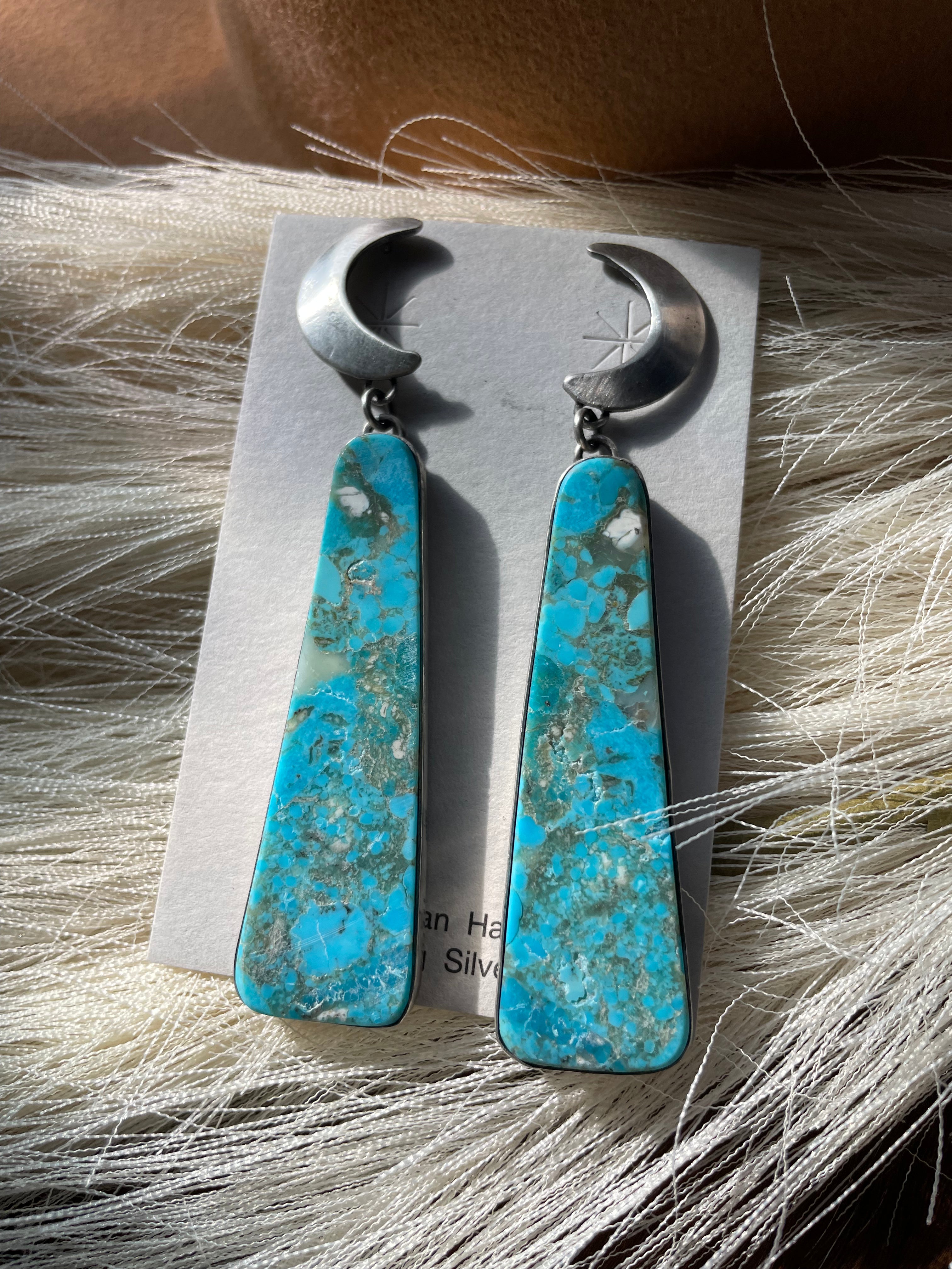 Navajo Turquoise & Sterling Silver Moon Slab Dangles Signed P Yazzie