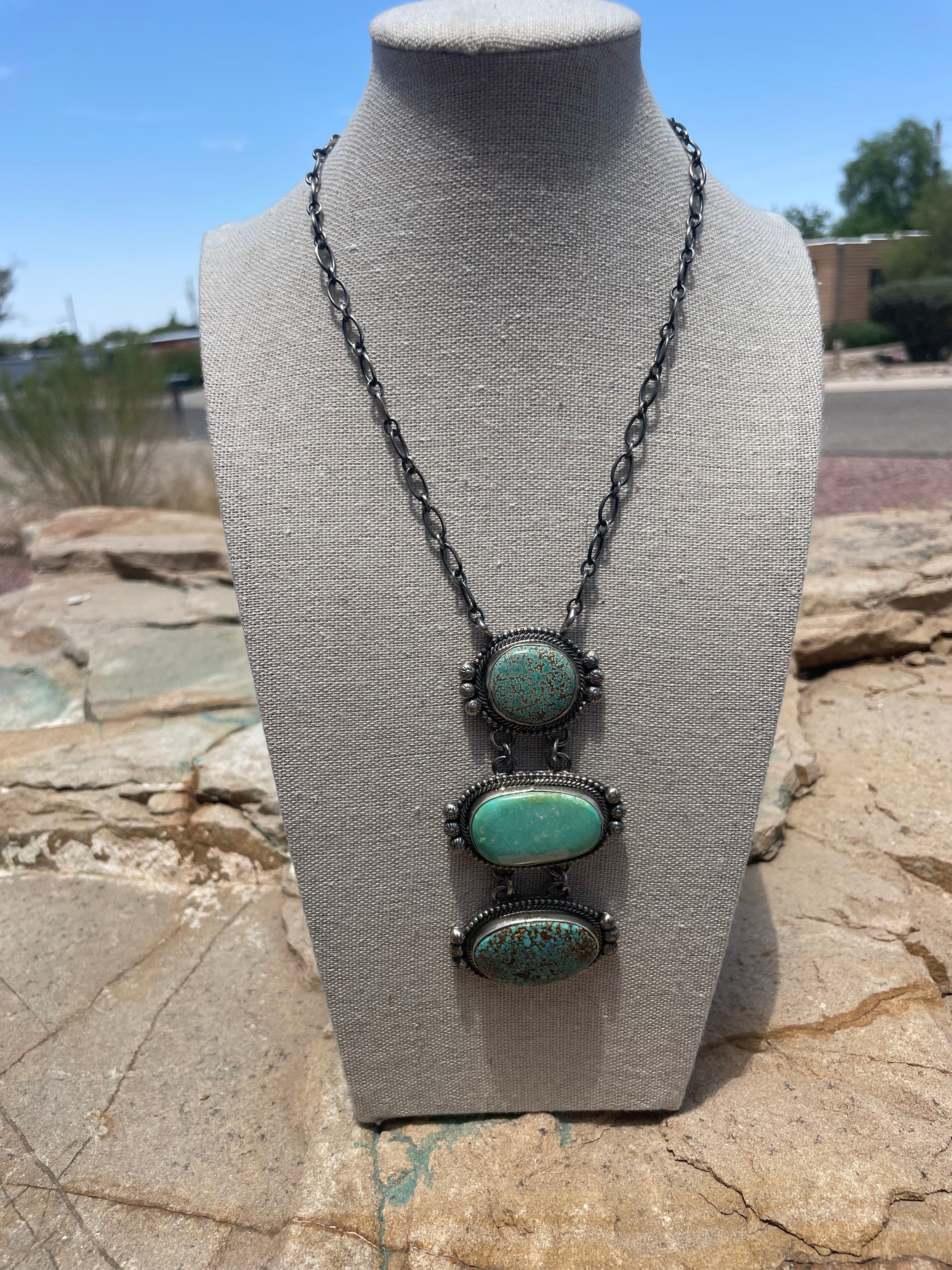 Navajo Cariro & Kingman Turquoise & Sterling Silver Drop Necklace Signed