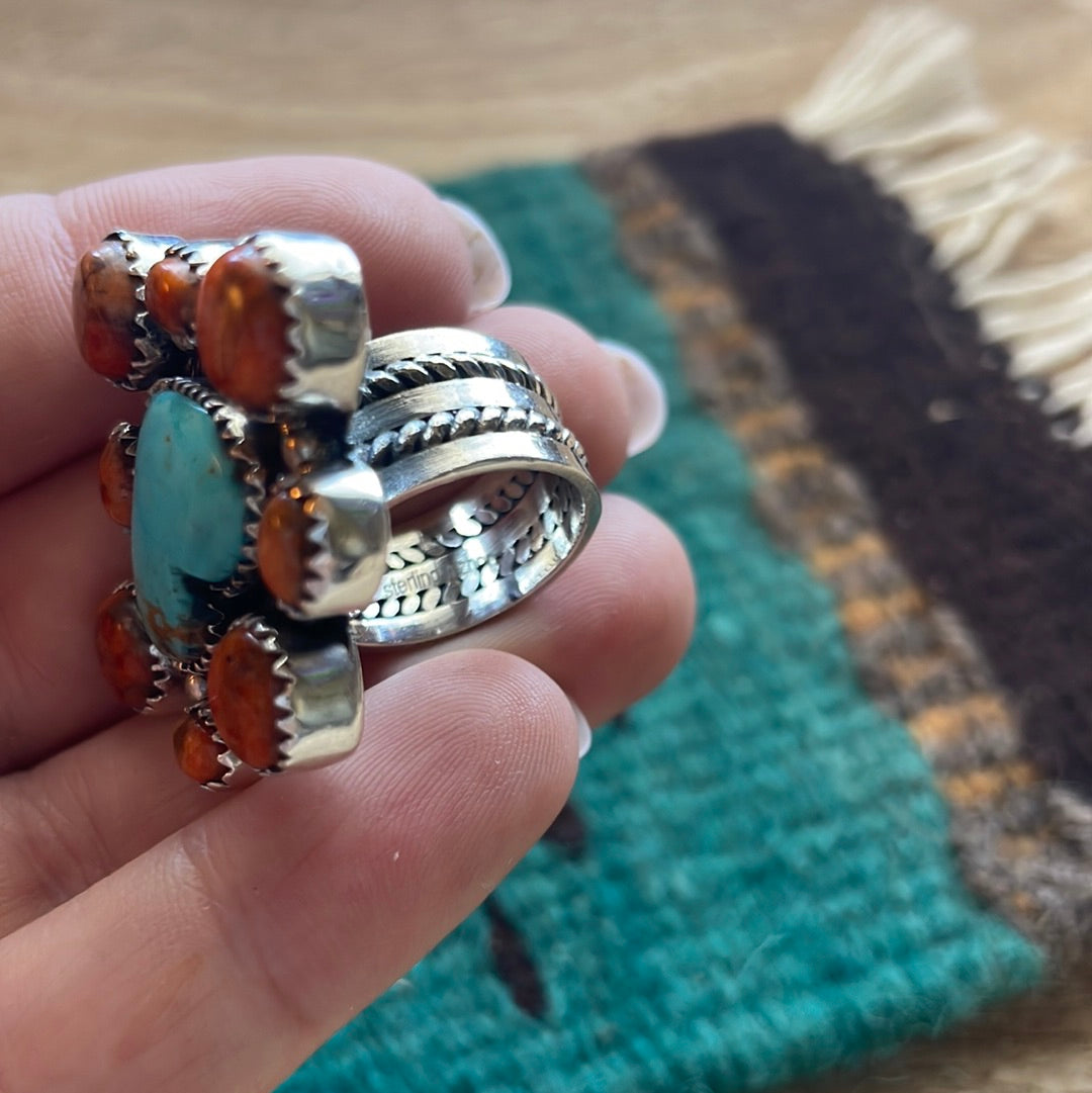 Beautiful Handmade Turquoise, Orange Mojave And Sterling Silver Adjustable Ring Signed Nizhoni