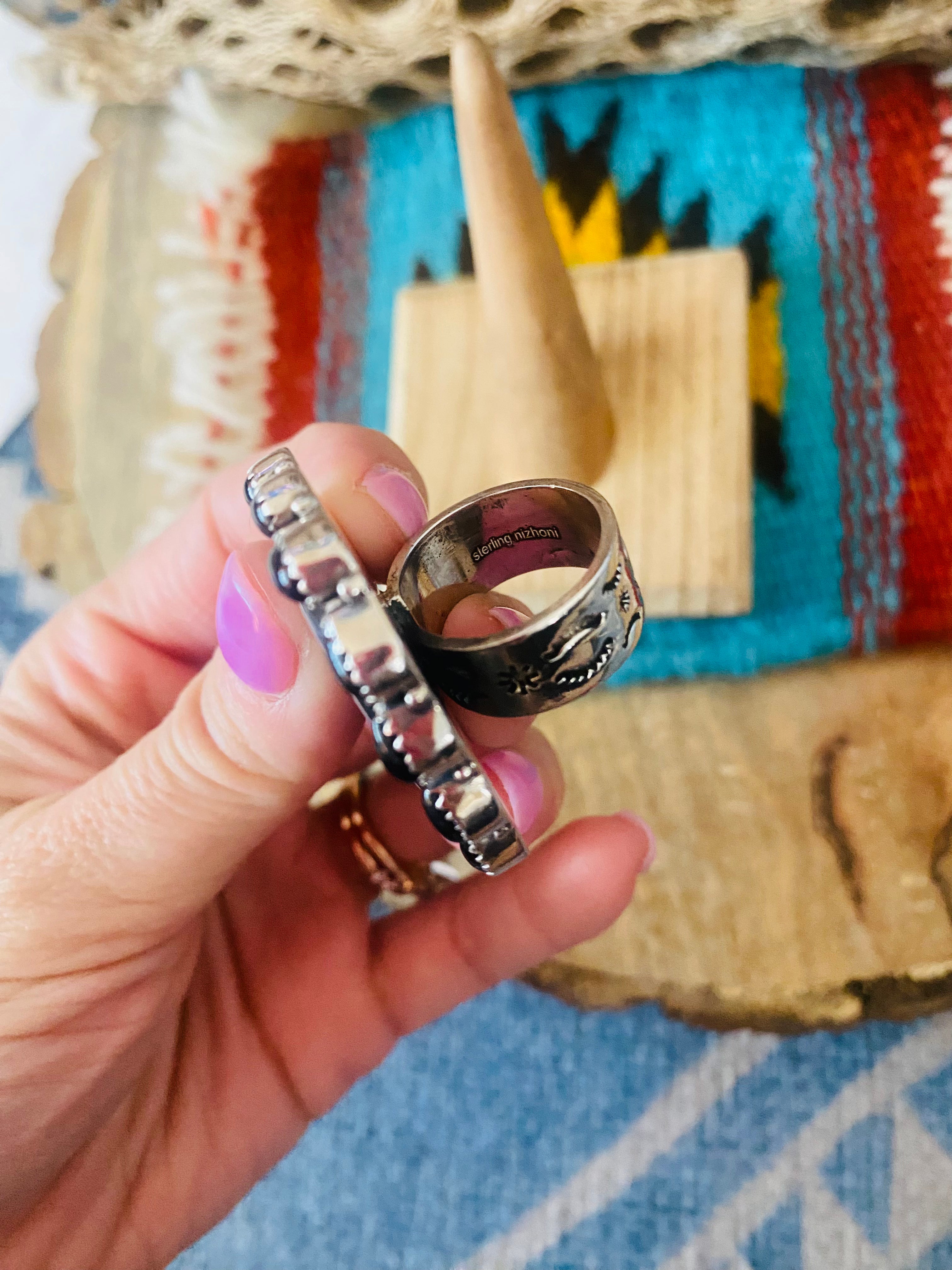 Handmade Sterling Silver, Fordite & Onyx Cluster Adjustable Ring