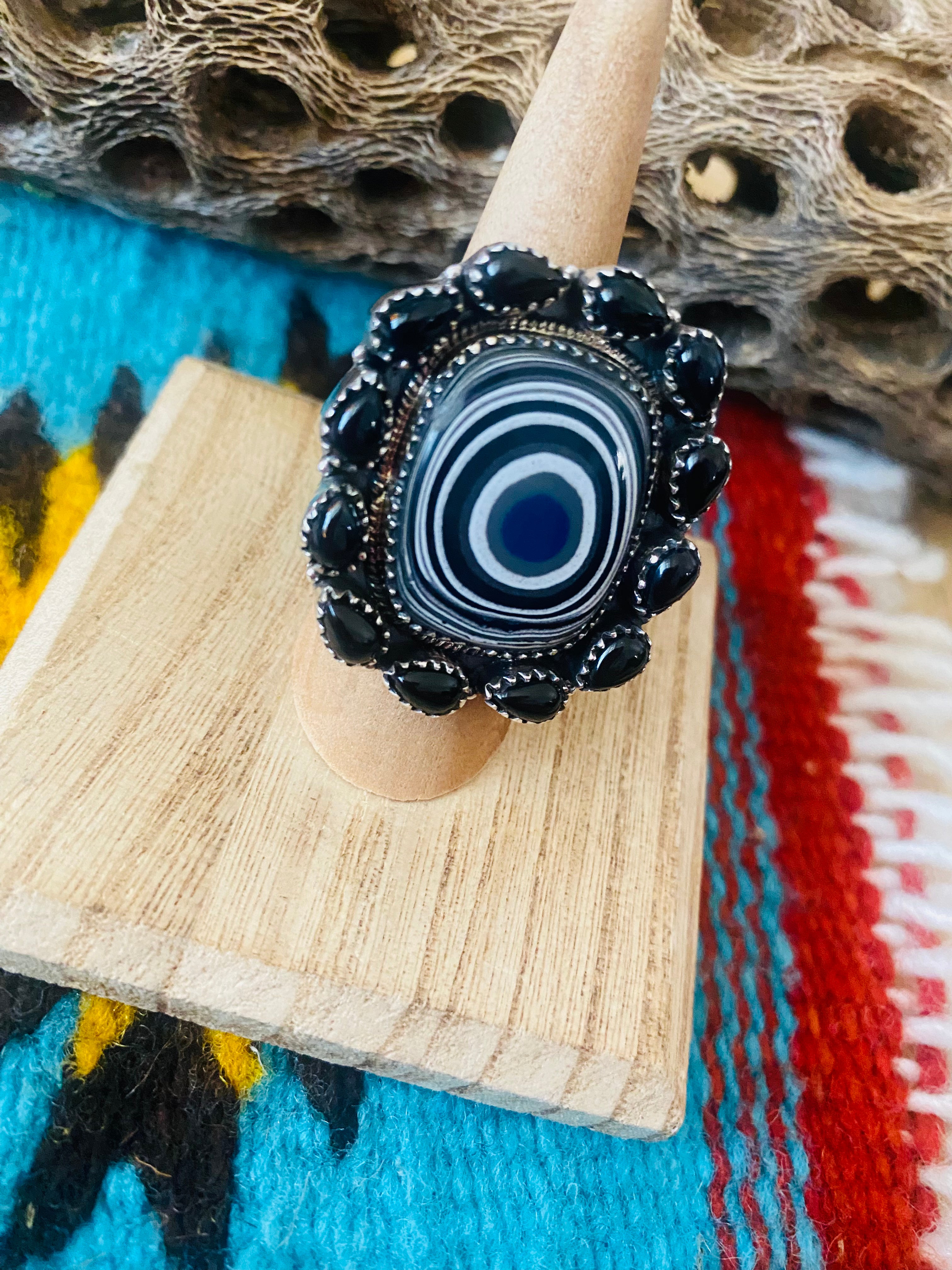 Handmade Sterling Silver, Fordite & Onyx Cluster Adjustable Ring