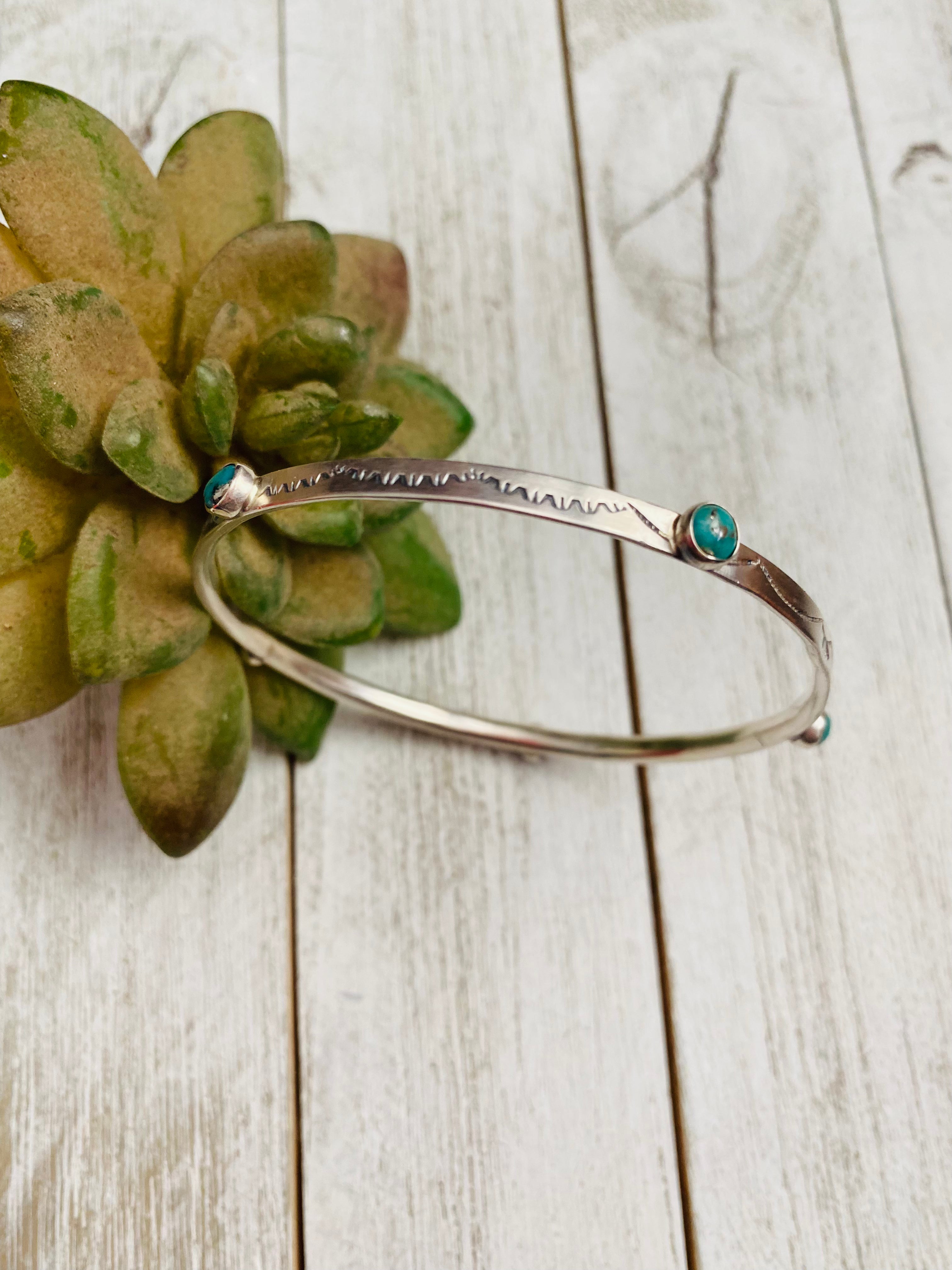 Navajo Hand Stamped Sterling Silver & Turquoise Bangle Bracelet