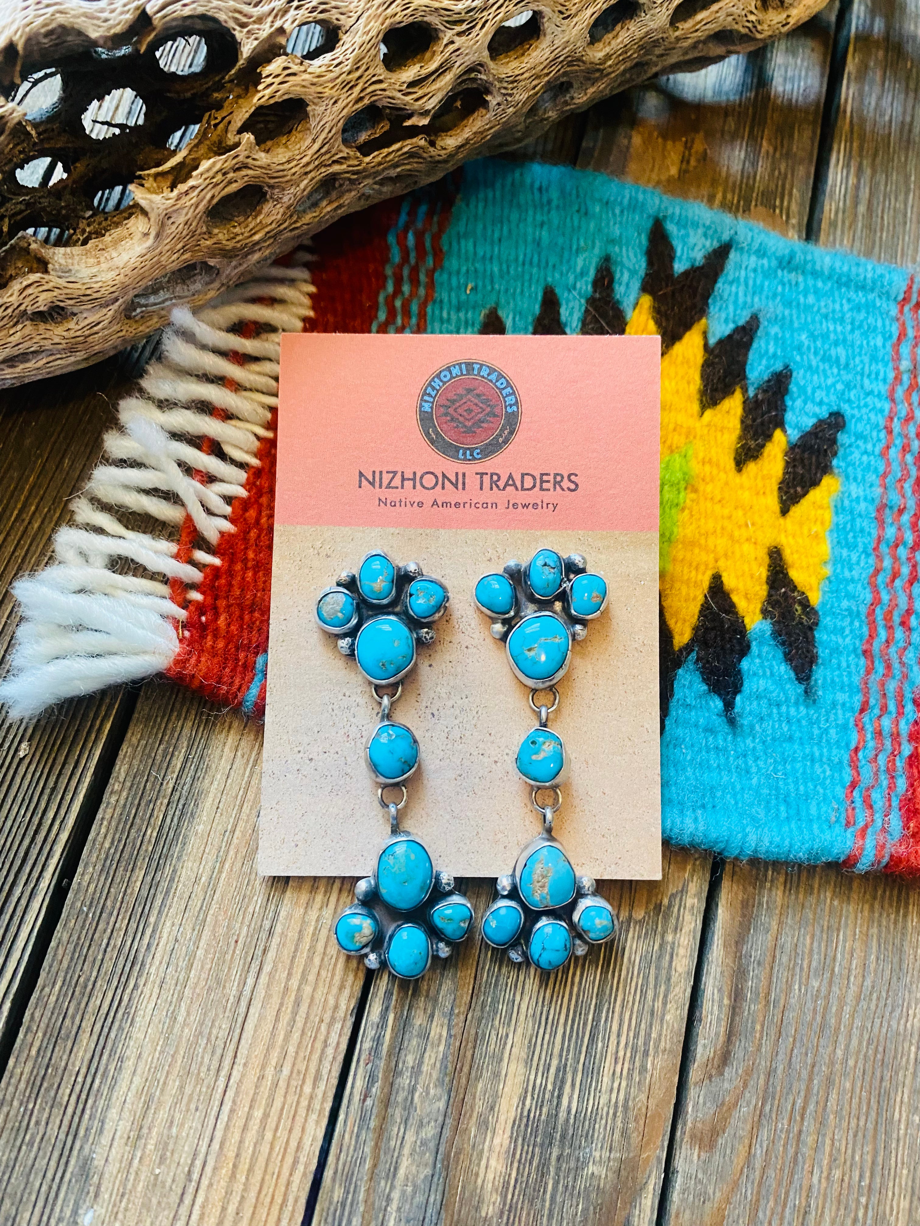 Navajo Sterling Silver & Kingman Turquoise Cluster Earrings