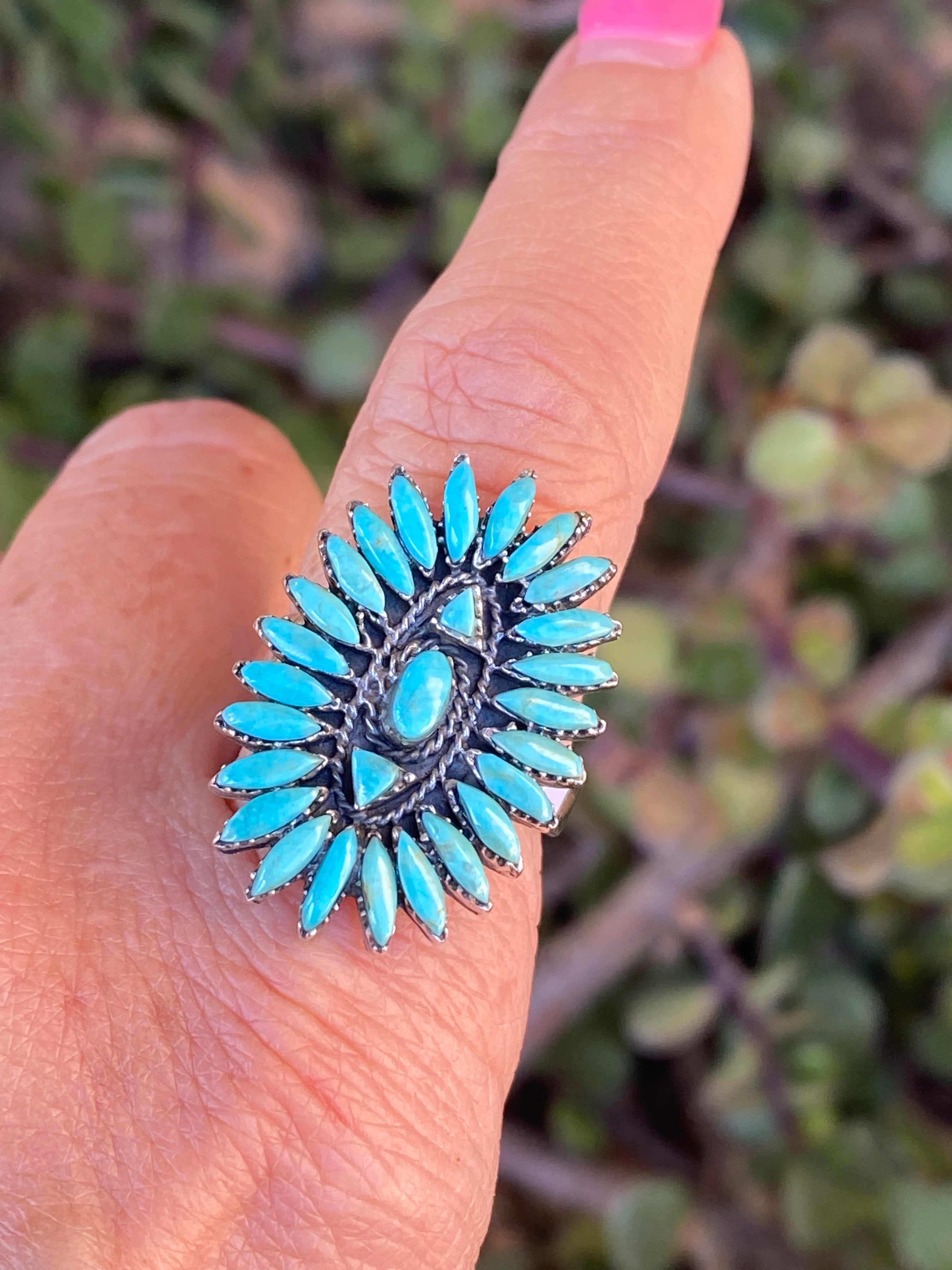 Handmade Sterling Silver & Kingman Needlepoint Turquoise Adjustable Ring