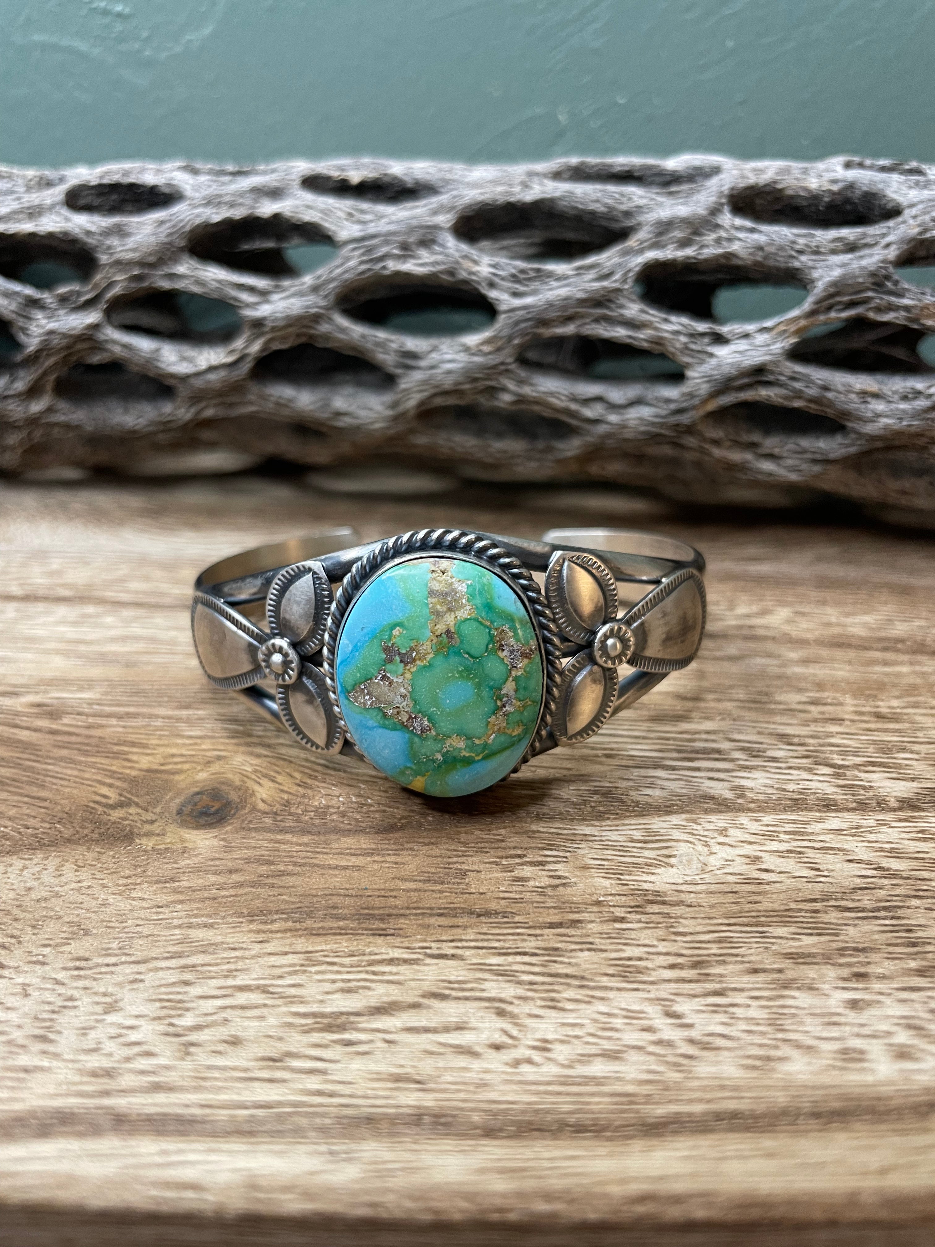 Navajo Turquoise And Sterling Silver Handmade Adjustable Cuff By M Spencer