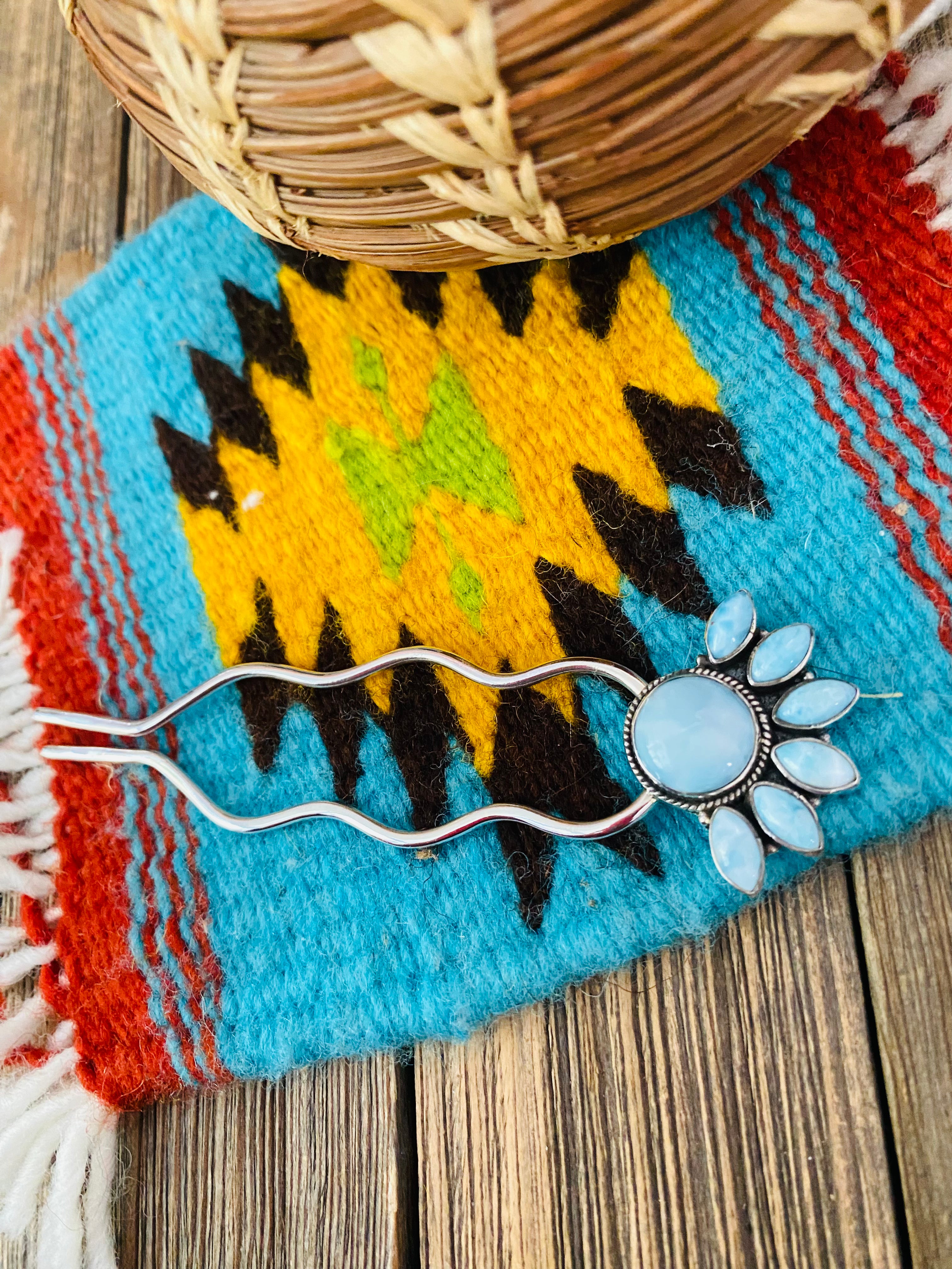 Handmade Larimar & Sterling Silver Hair Pin