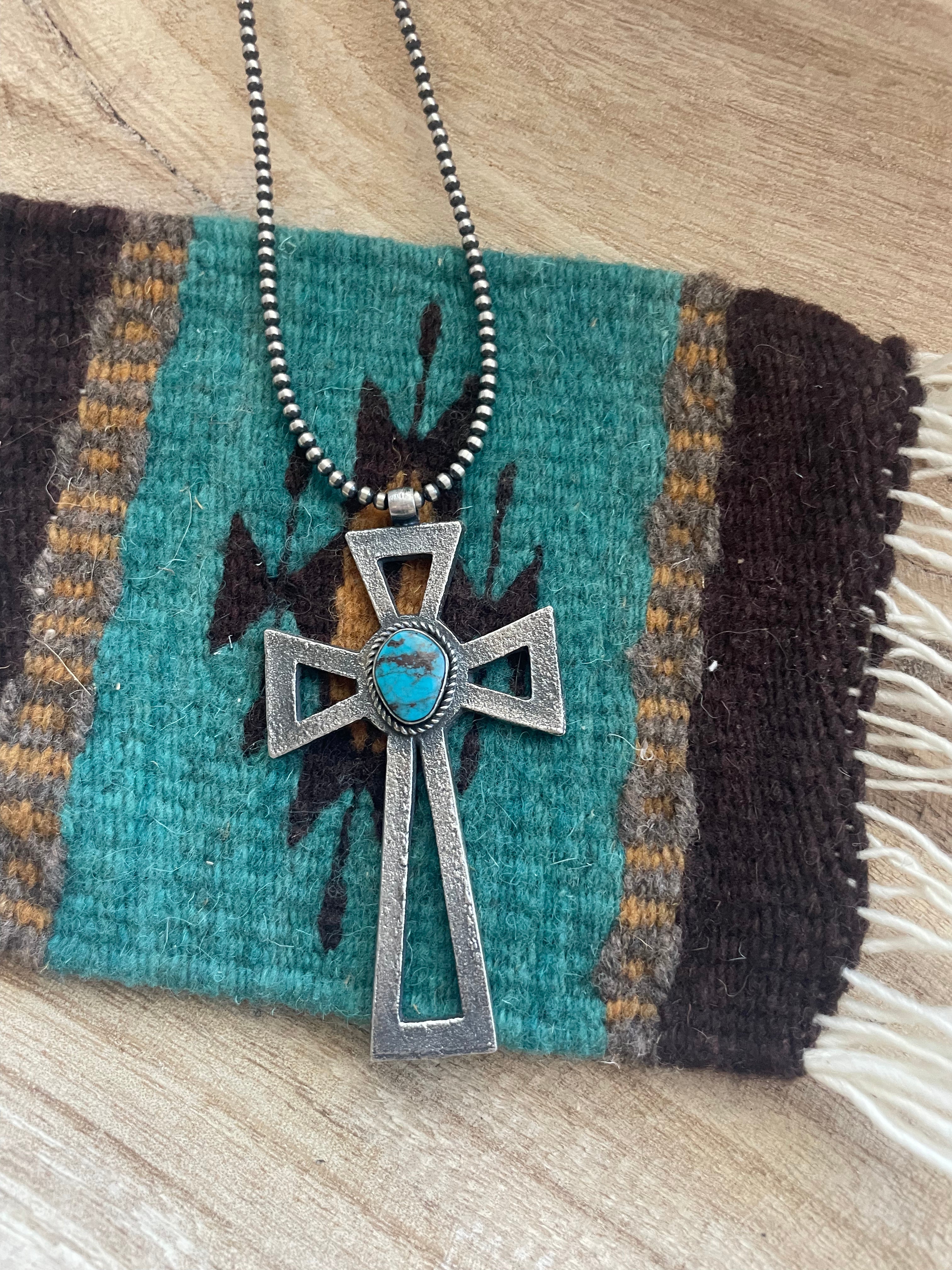 Navajo Sterling Silver & Turquoise Cross Pendant Signed Eugene Mitchell