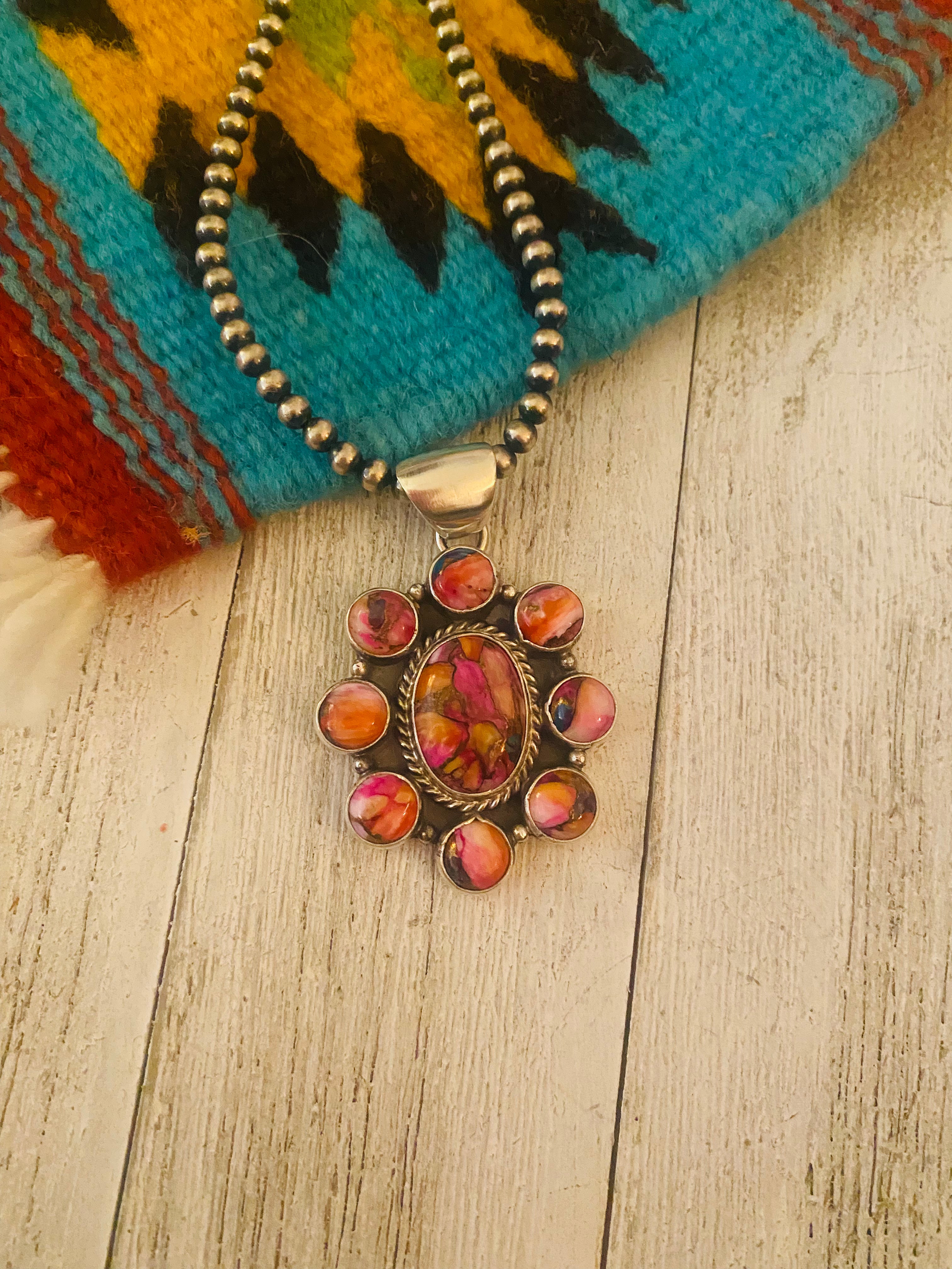 Navajo Pink Dream Mojave & Sterling Silver Cluster Pendant