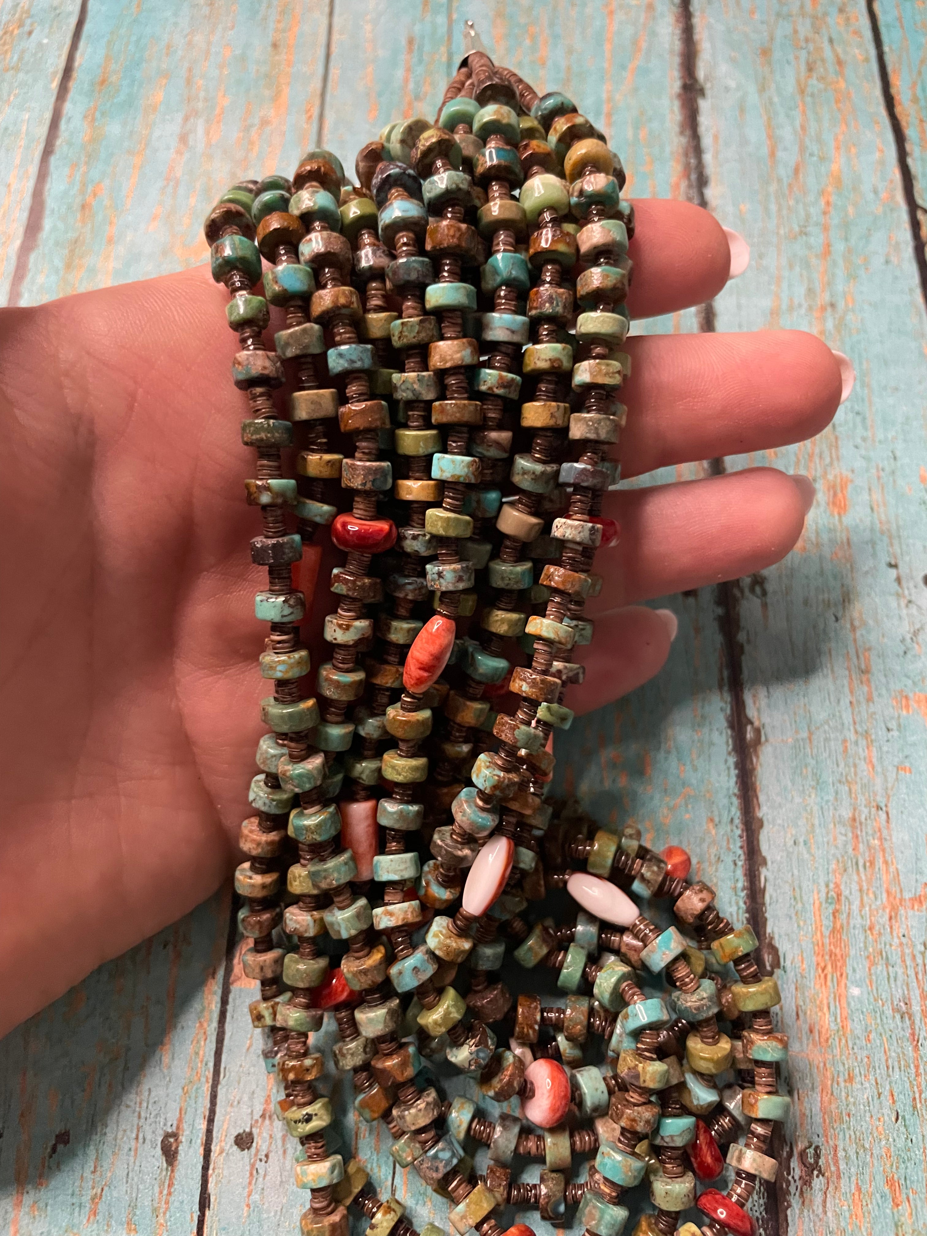 Navajo Multi Stone And Heishi Seven Strand Beaded Necklace