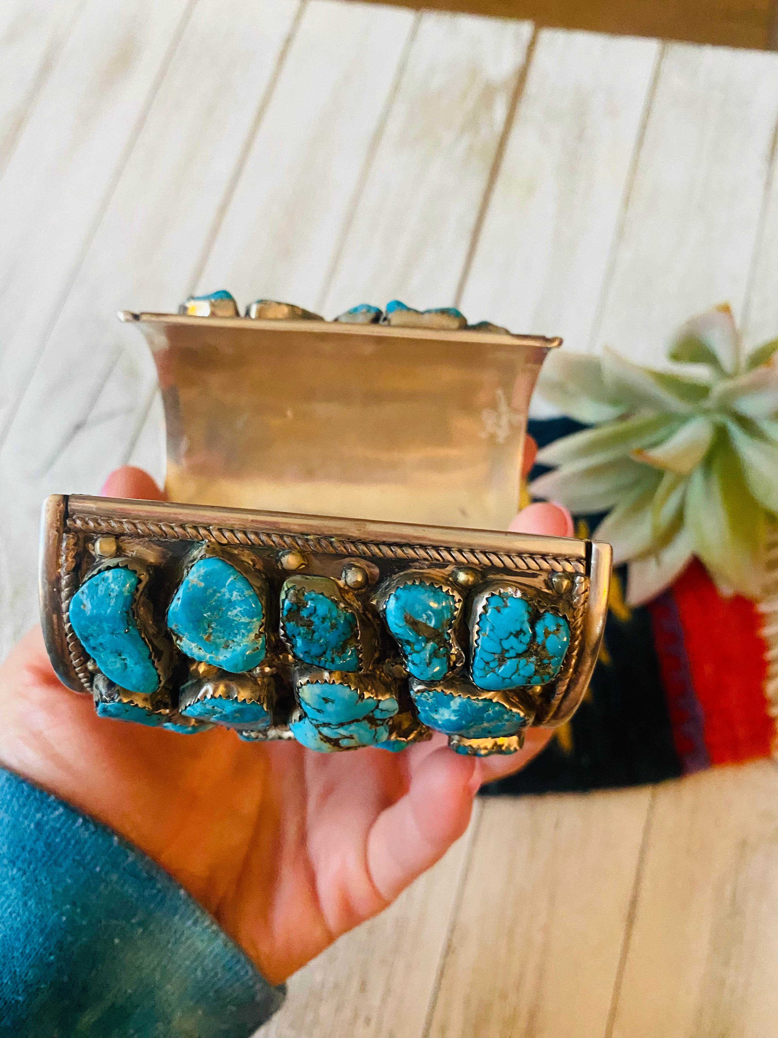 Navajo Old Pawn Vintage Turquoise & Sterling Silver Cuff Bracelet