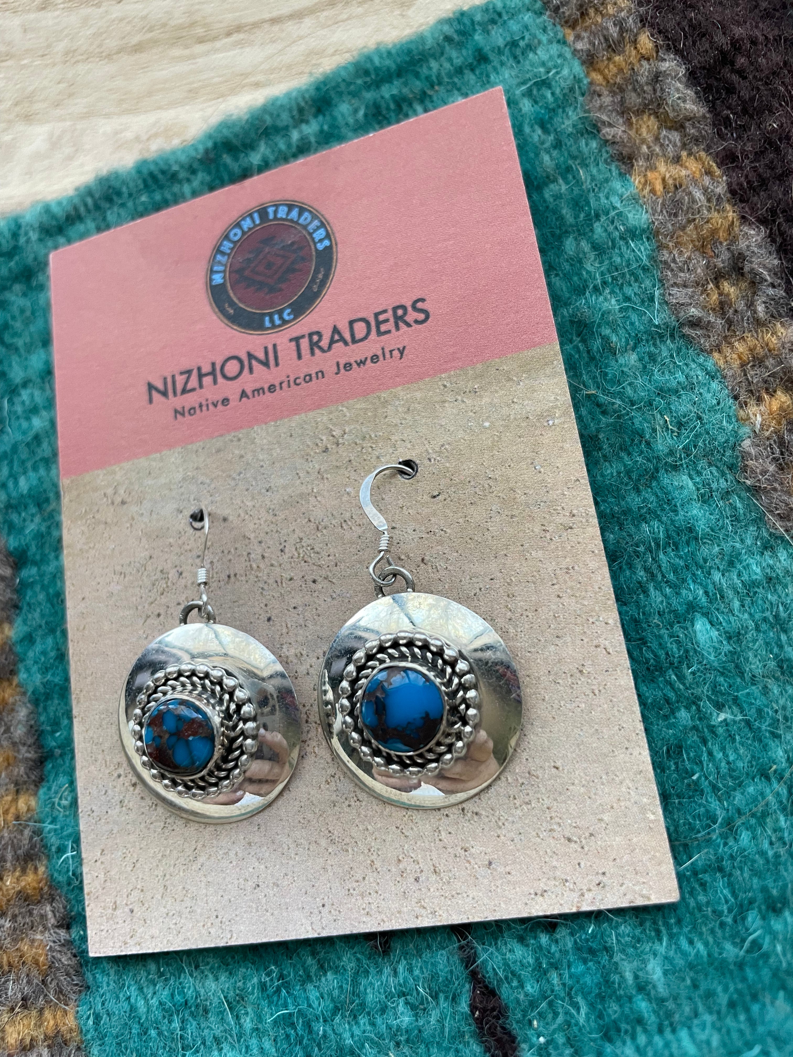 Navajo Kingman Web Turquoise & Sterling Silver Dangle Earrings