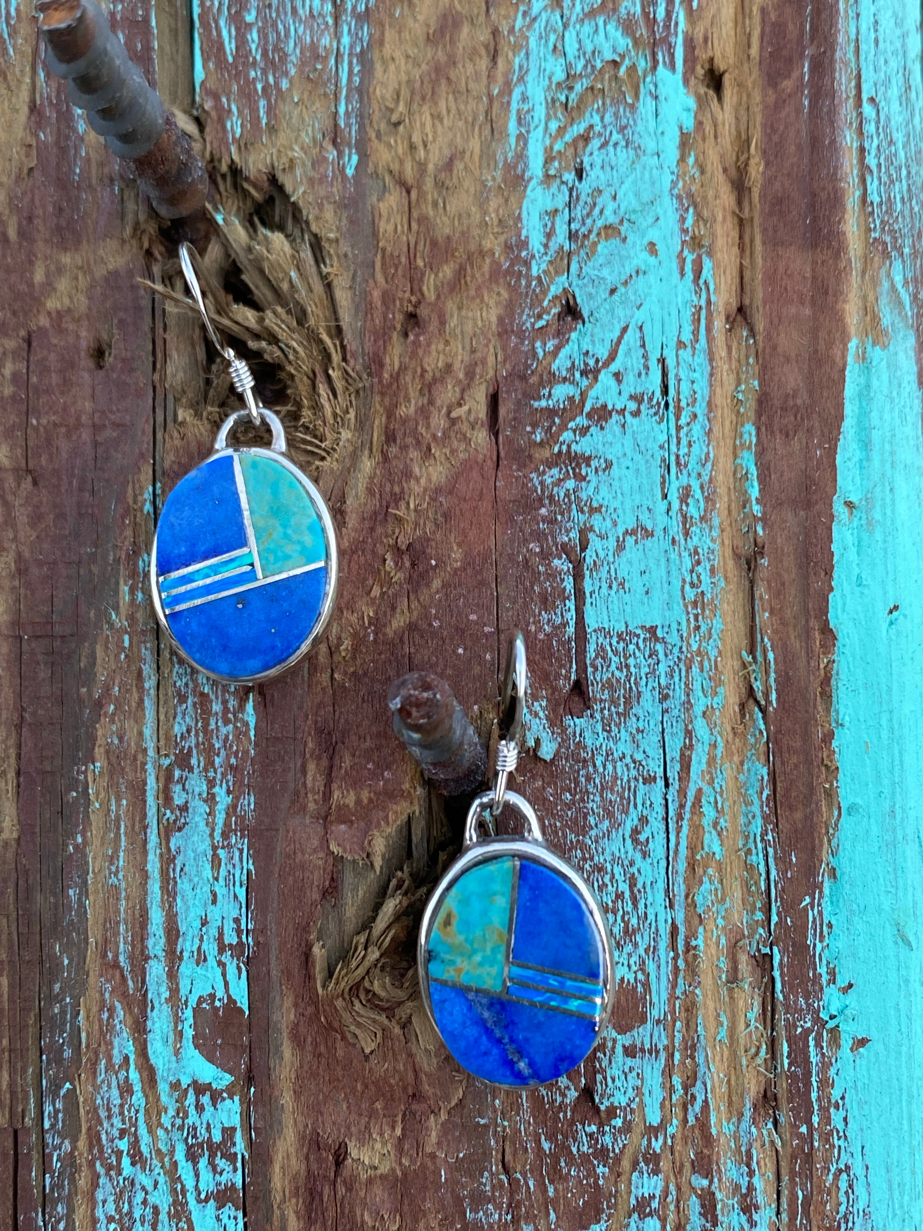 Navajo Lapis, Turquoise, Circle Dangle Earrings