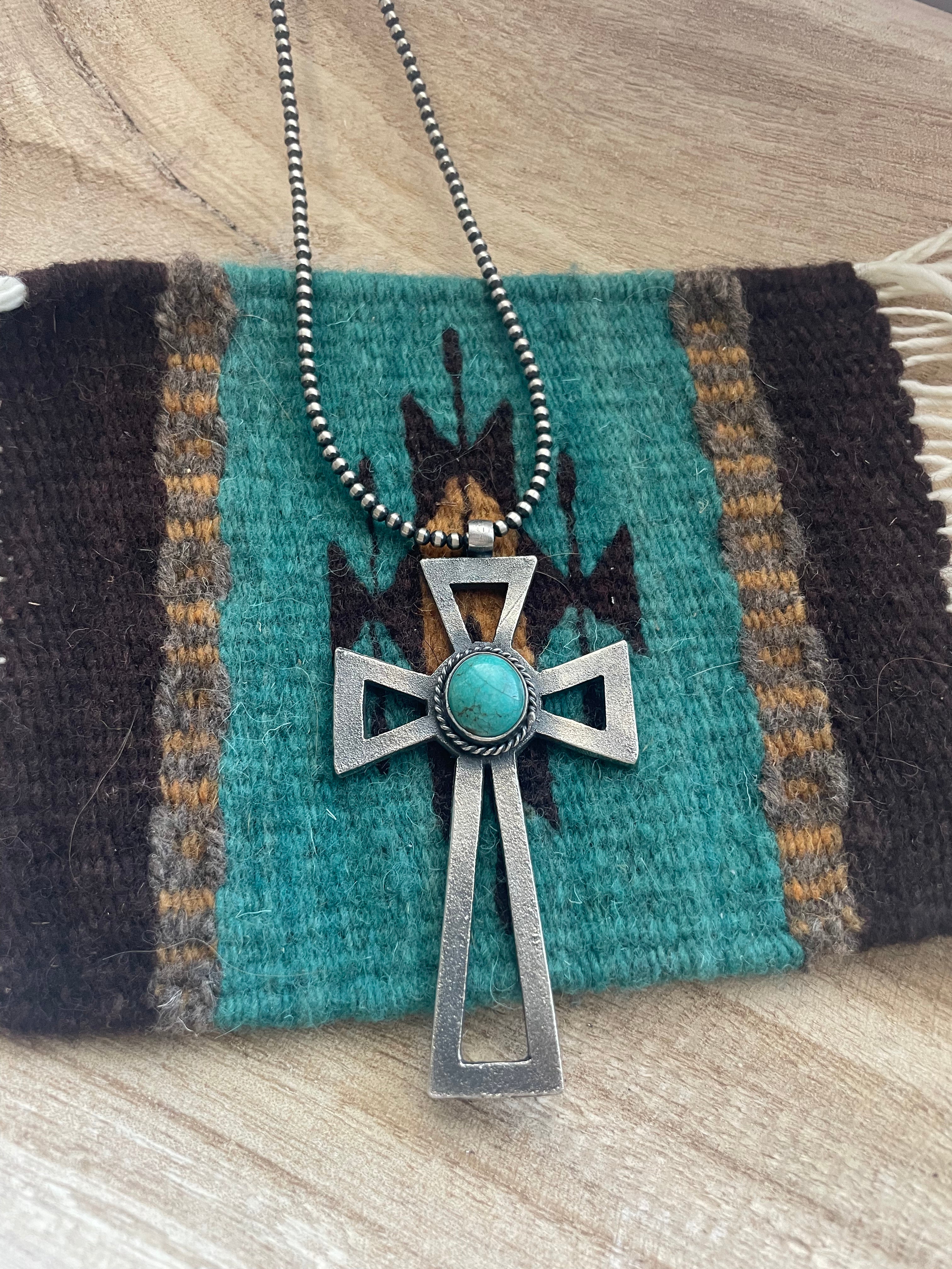 Navajo Sterling Silver & Turquoise Cross Pendant Signed Eugene Mitchell