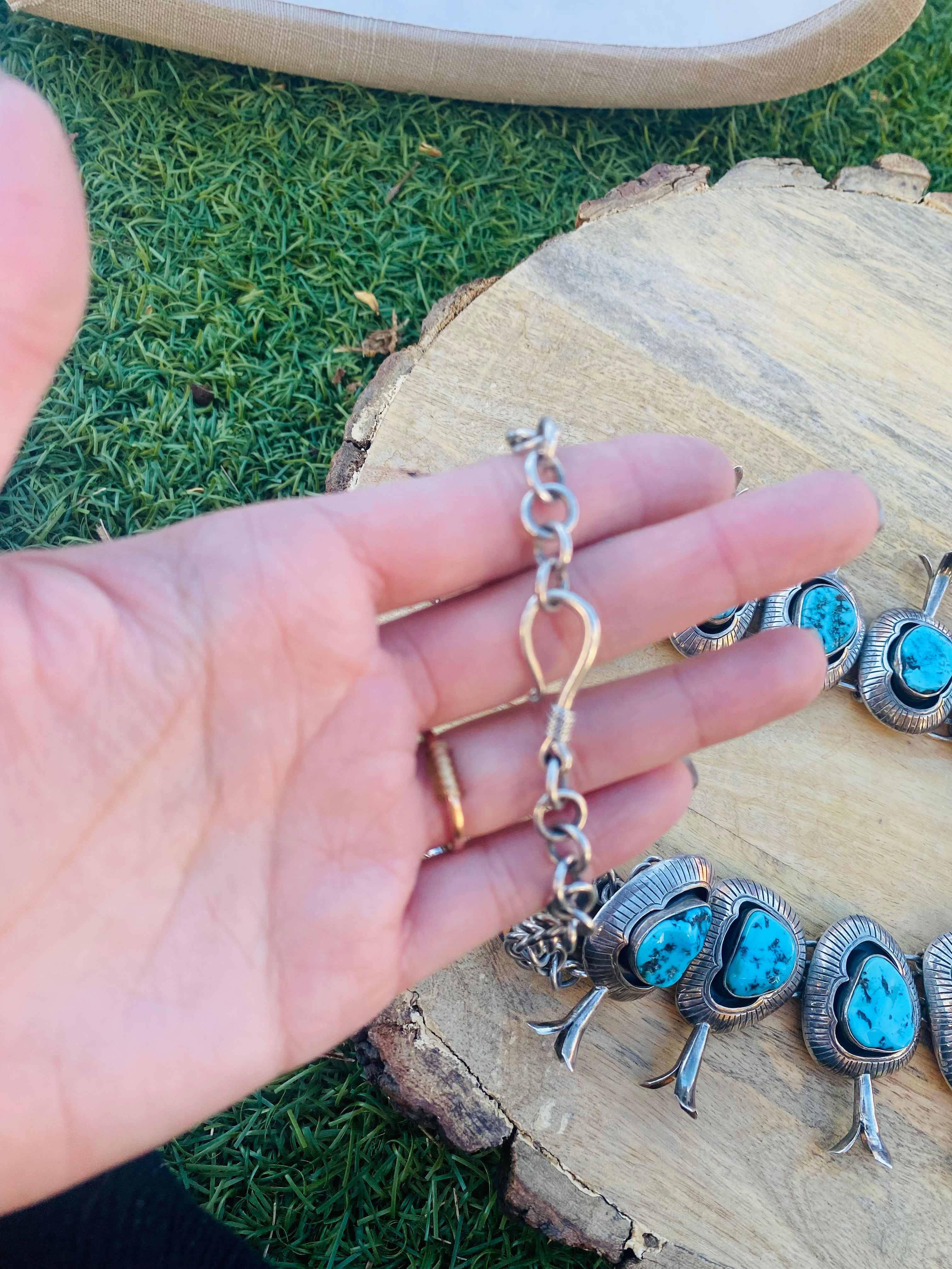 Vintage Navajo Kingman Turquoise & Sterling Silver Squash Blossom Necklace