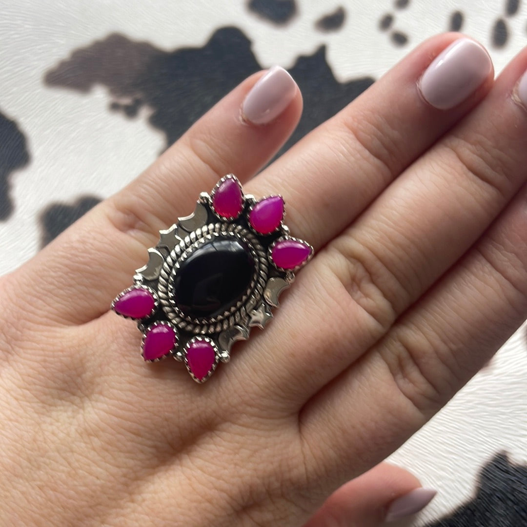 Handmade Pink & Black Onyx Sterling Silver Adjustable Ring Signed Nizhoni