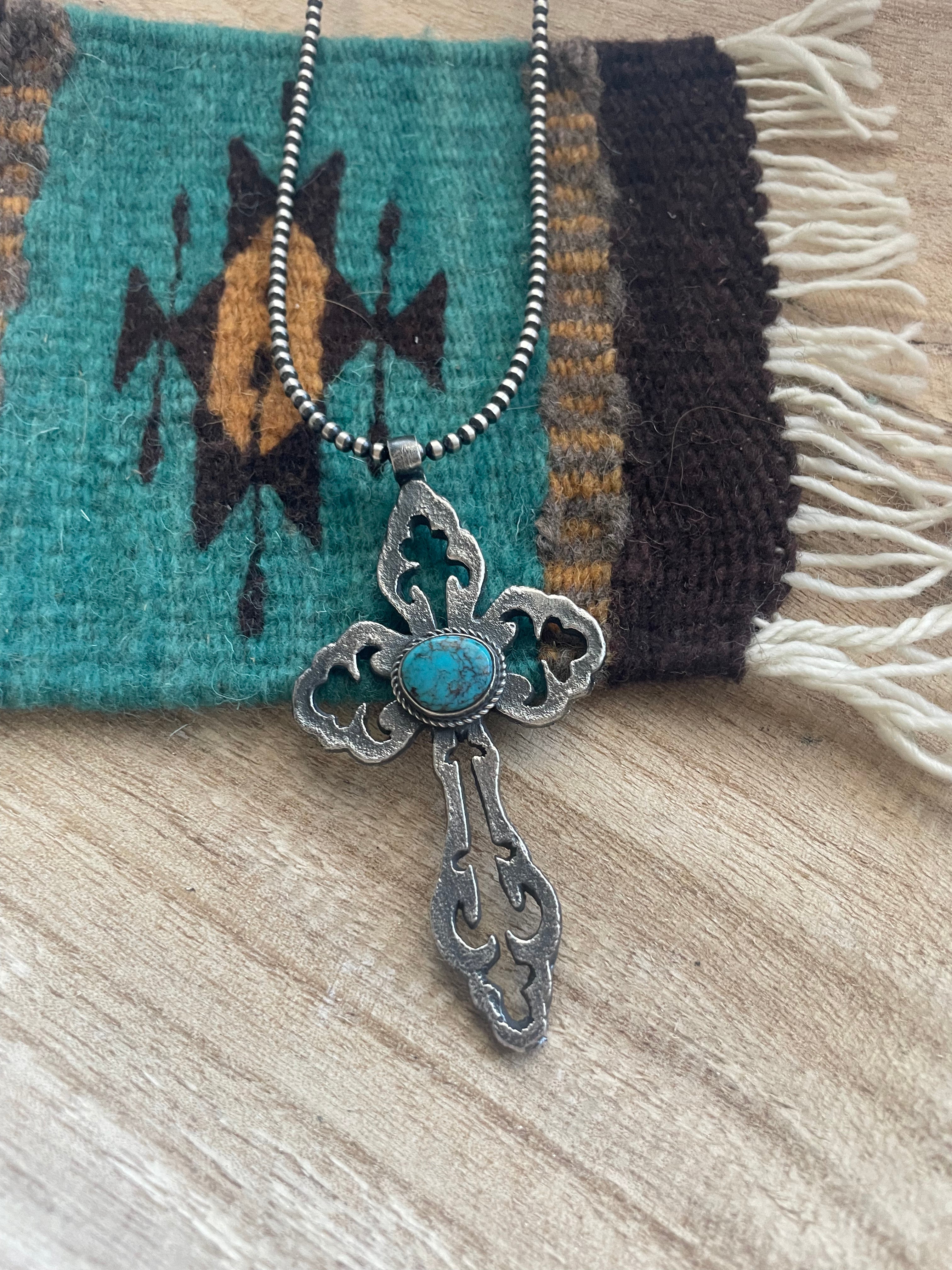 Navajo Sterling Silver & Turquoise Cross Pendant Signed Eugene Mitchell