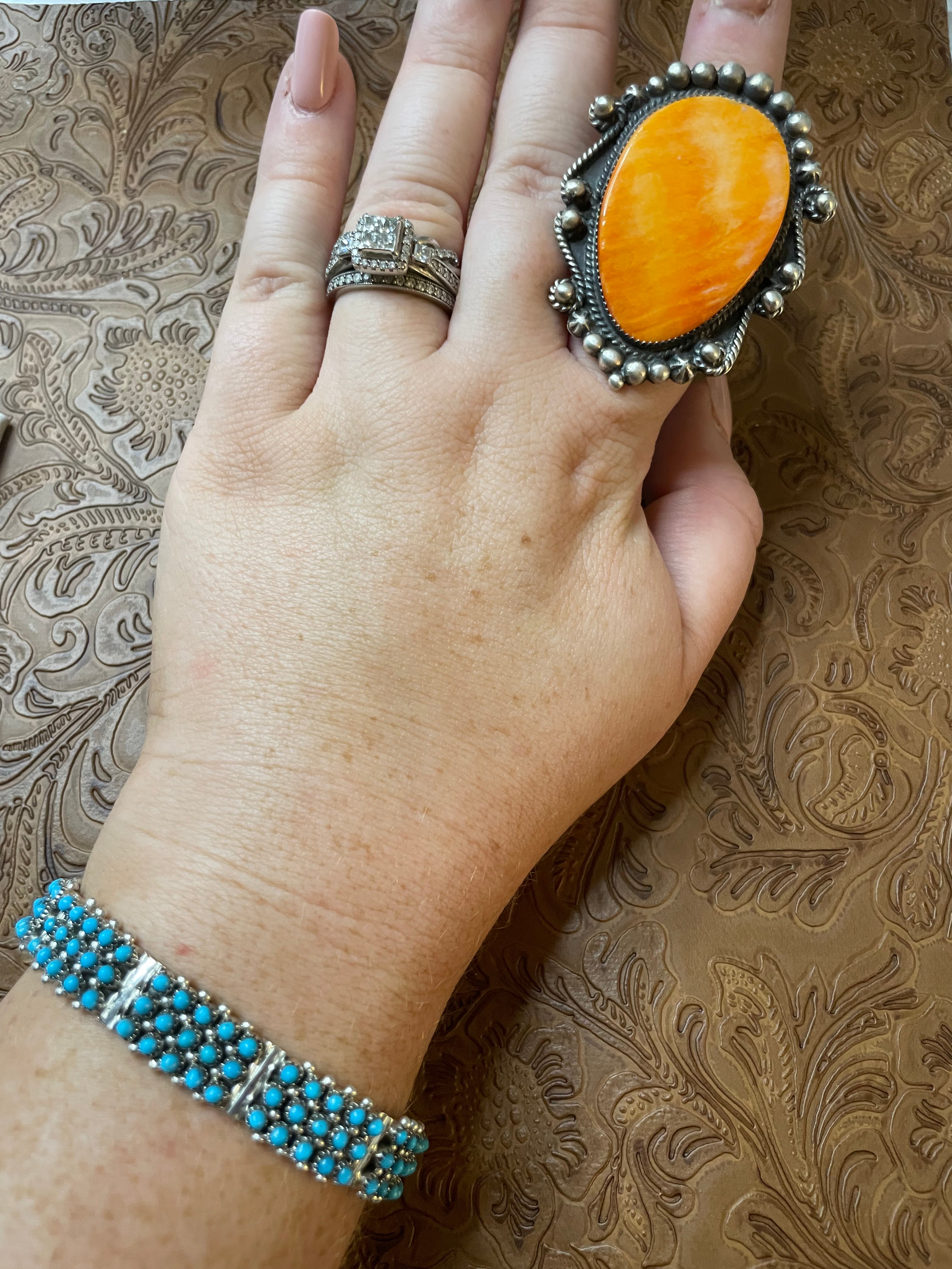 Navajo Sterling Silver And Orange Spiny Ring Size 8