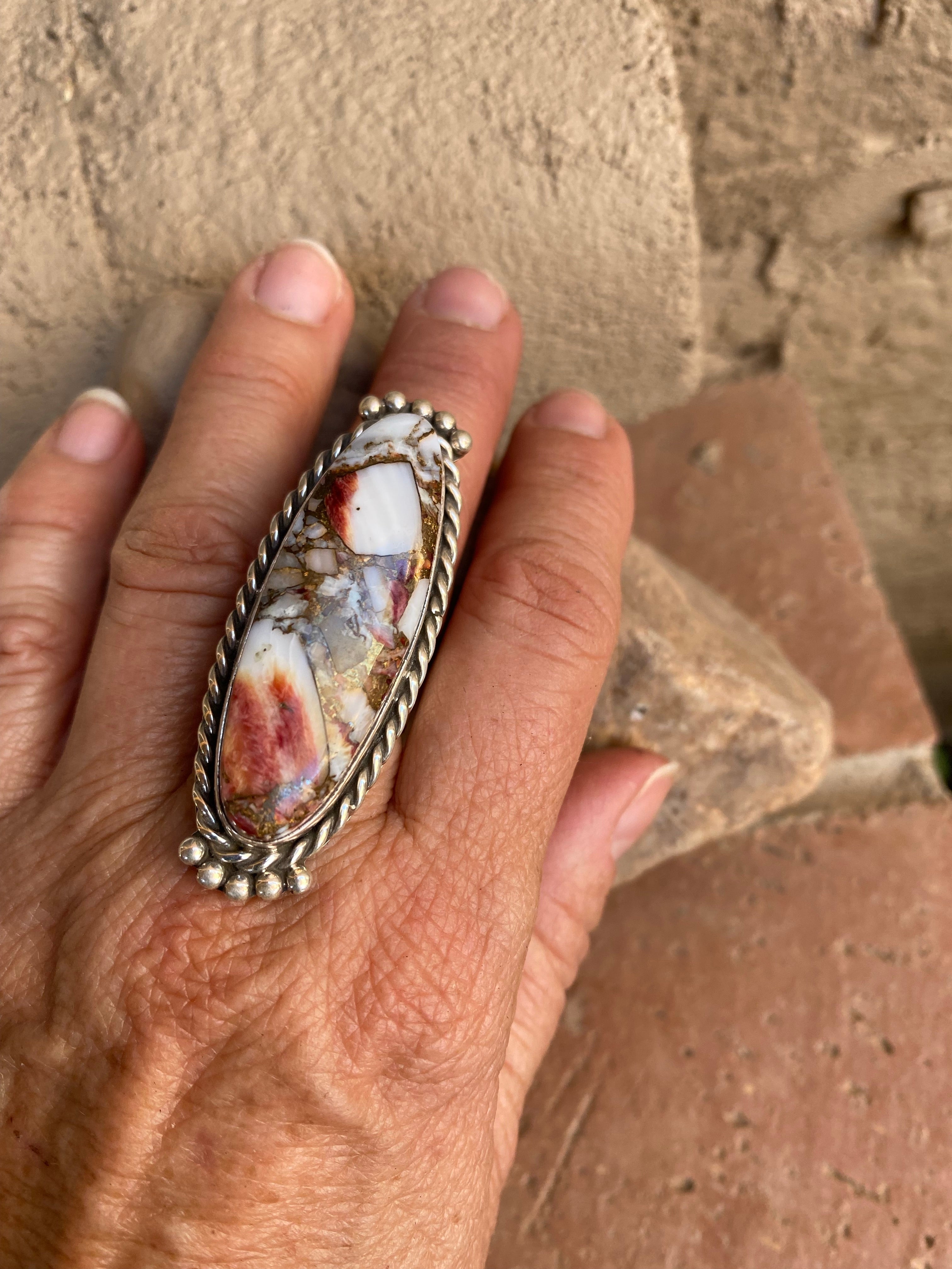 Navajo Sterling Silver Wild Horse and Spiny Oyster Mojave Ring Size Adjustable.