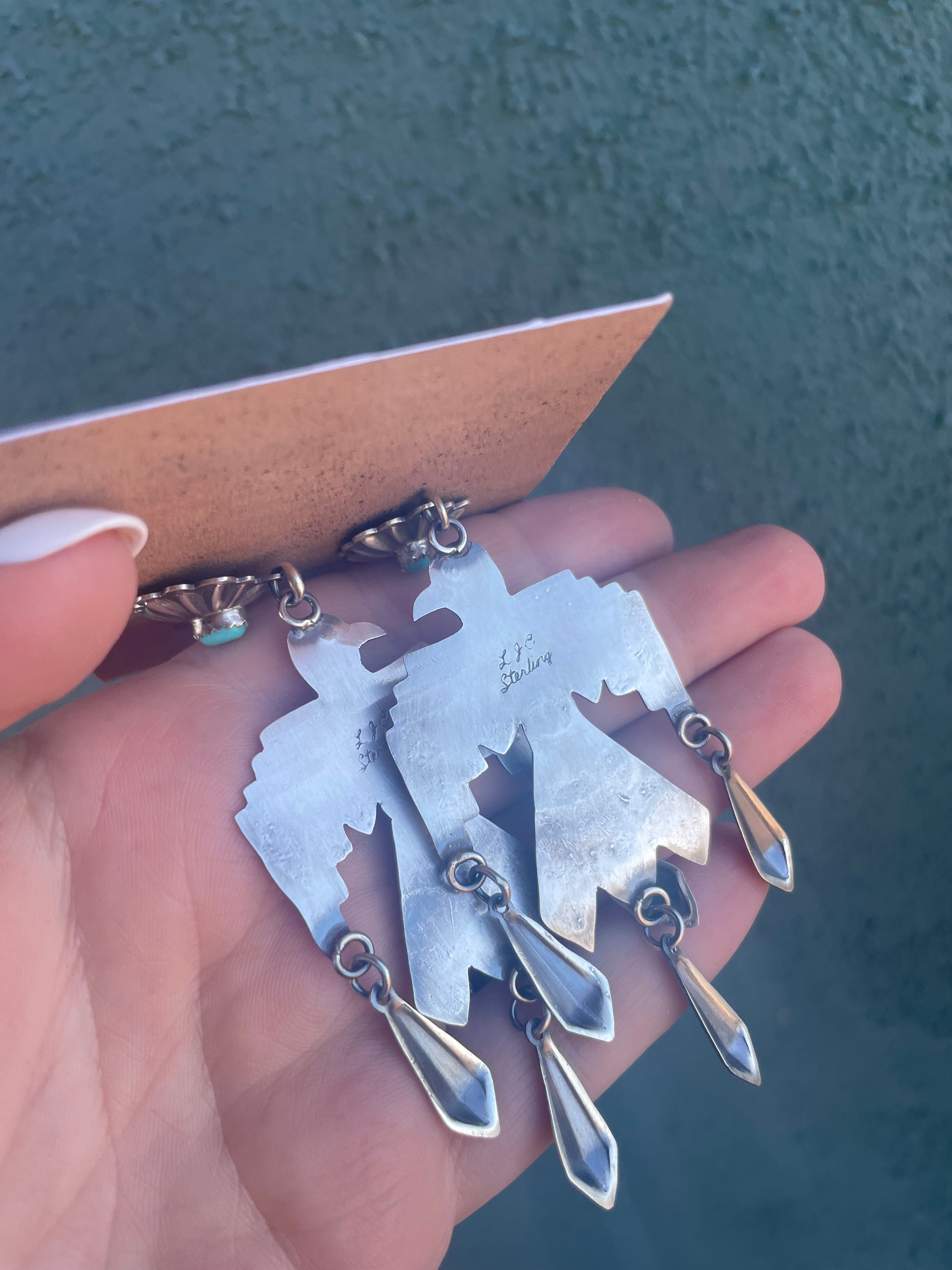 Navajo Sterling Silver & Turquoise Thunderbird Dangle Earrings