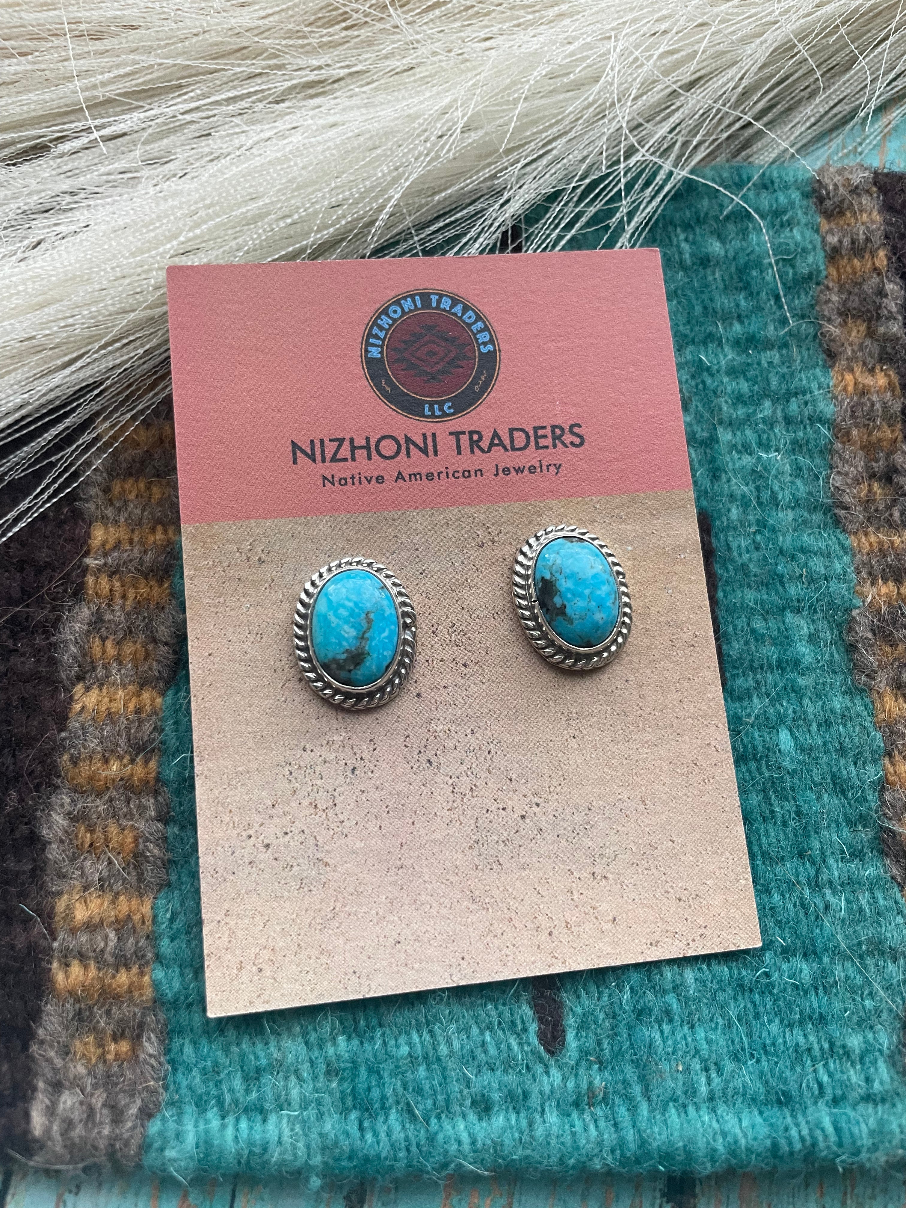 Navajo Sterling Silver & Turquoise Stud Earrings Signed M Silversmith