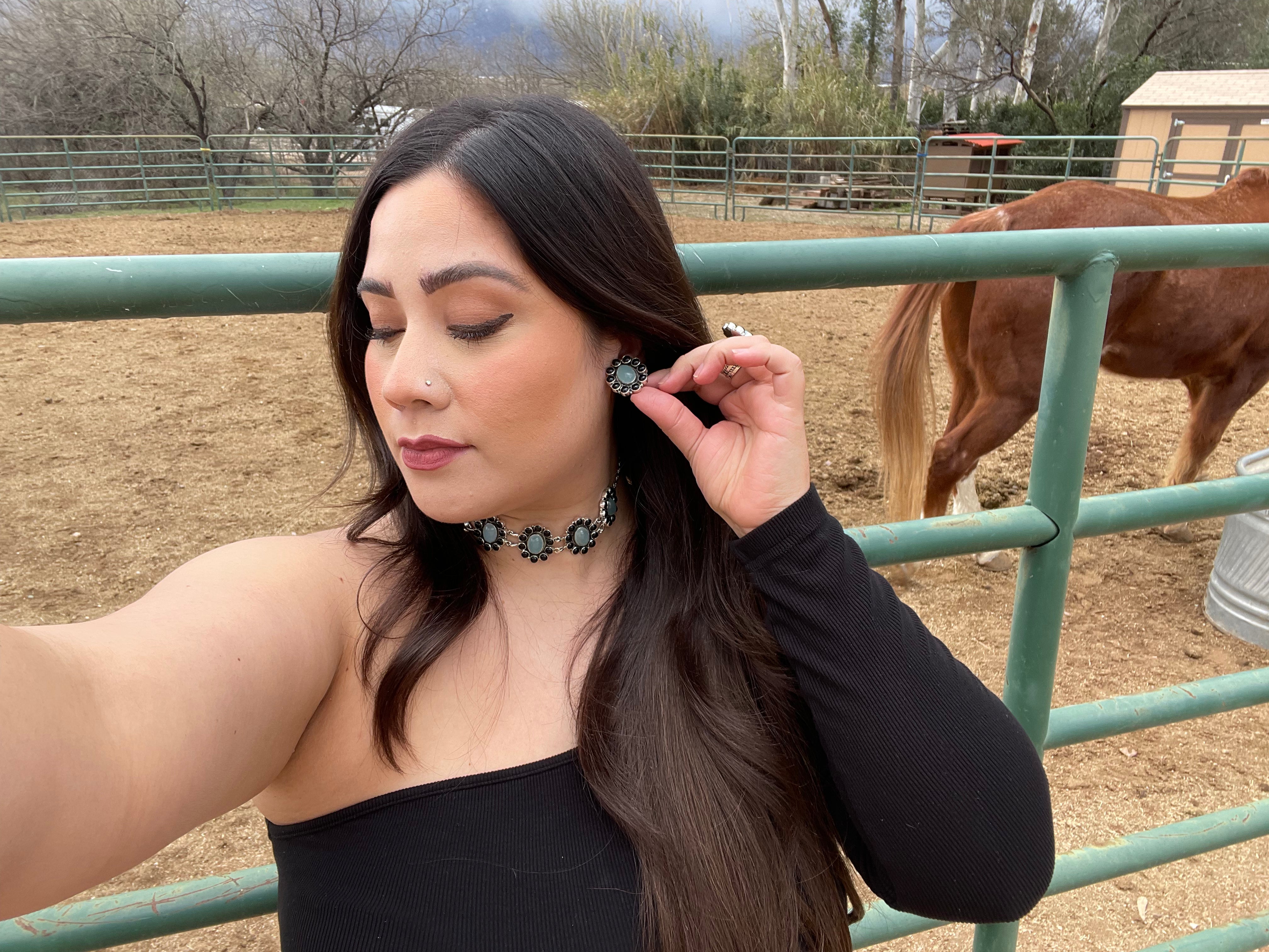 Handmade Onyx & Aqua Calcedony Post Earrings Signed Nizhoni