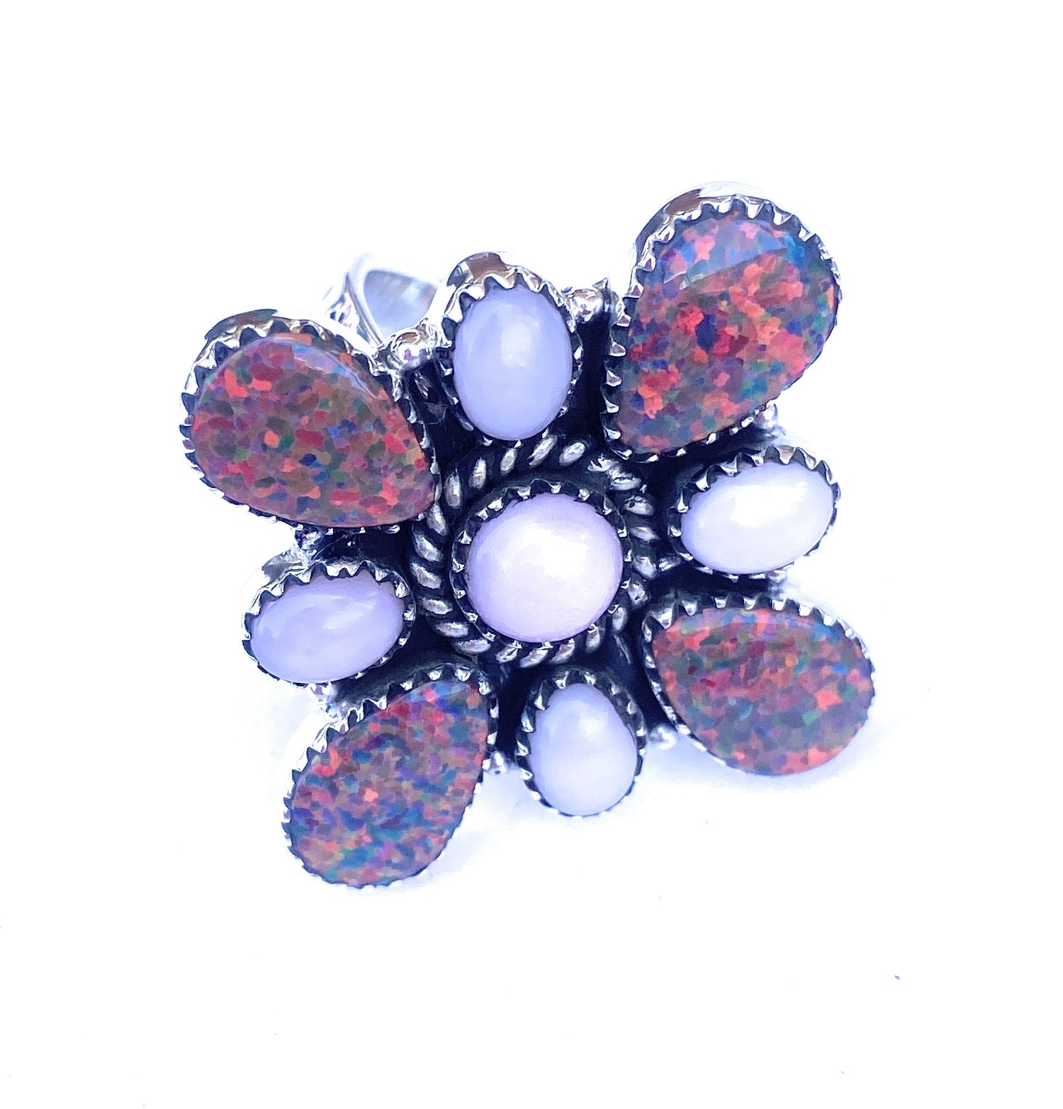 Handmade Sterling Silver, Opal & Queen Pink Cluster Adjustable Ring