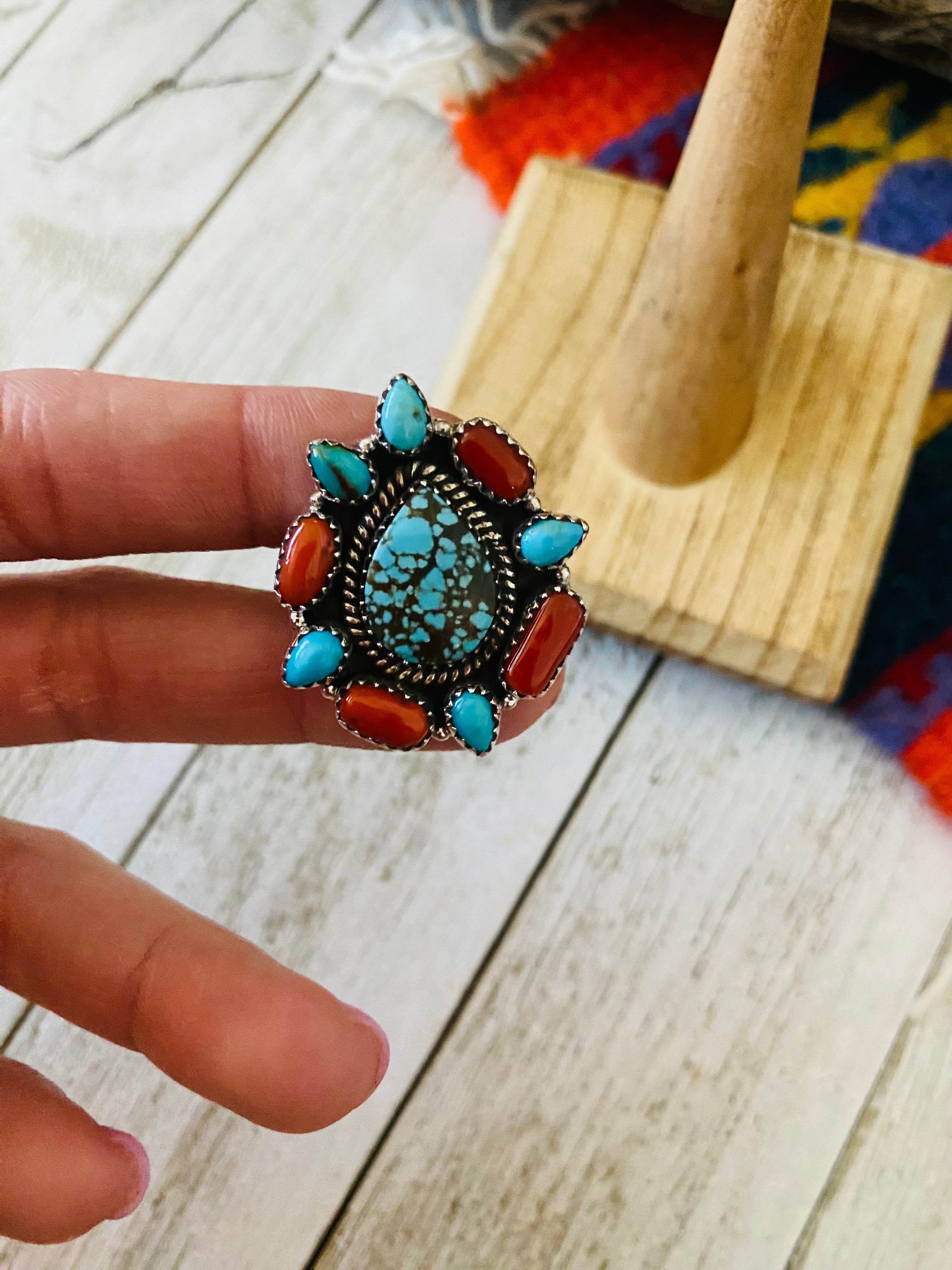 Handmade Sterling Silver, Coral & Number 8 Turquoise Cluster Adjustable Ring