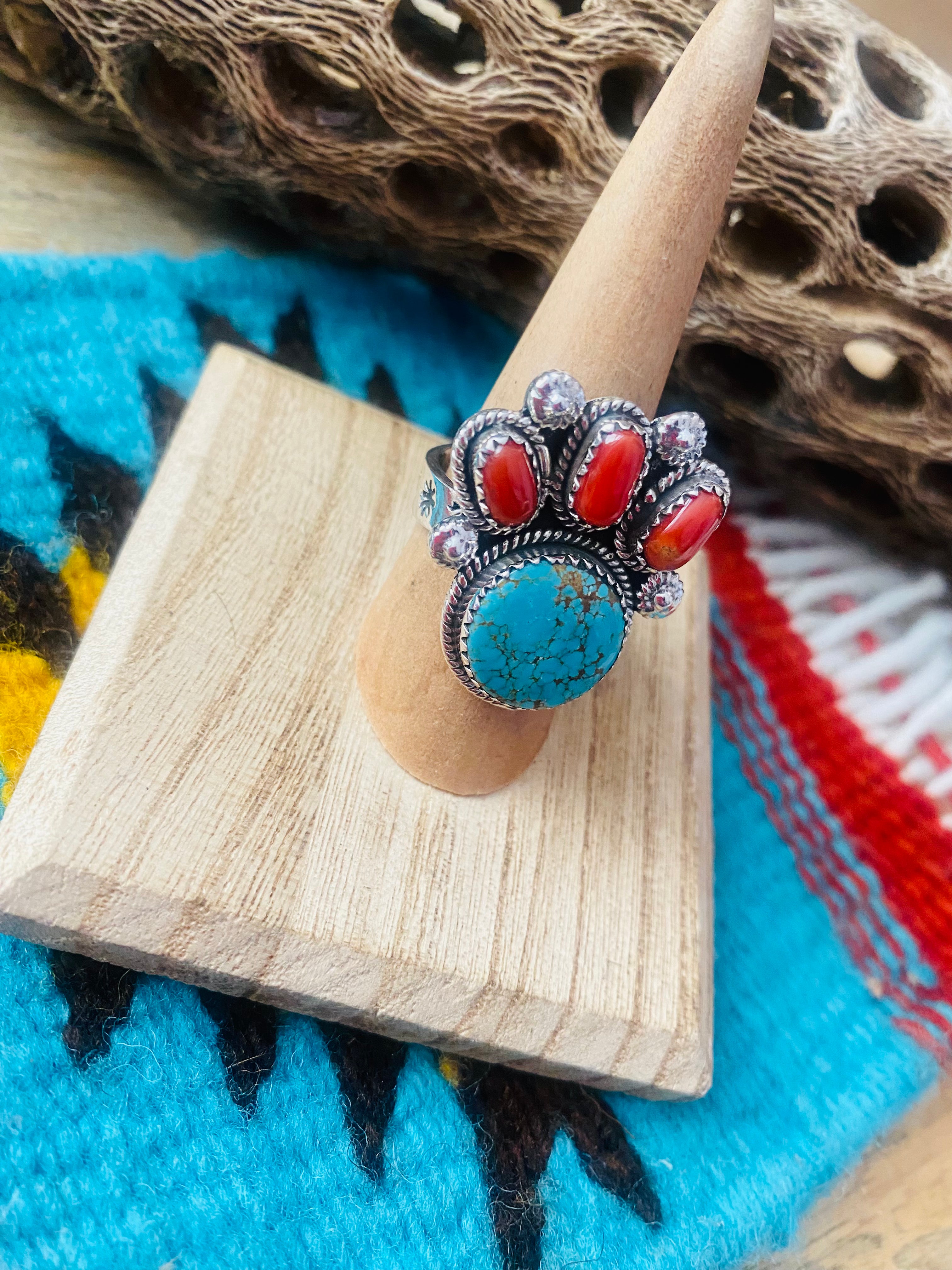 Handmade Sterling Silver, Coral & Number 8 Turquoise Adjustable Ring